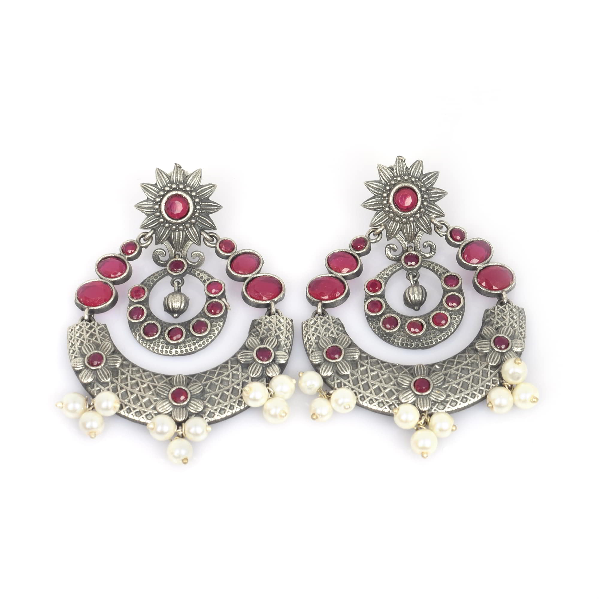 Vintage Design Pink Imitation with Pearl Brass Oxidized Bridal Hanging Earring