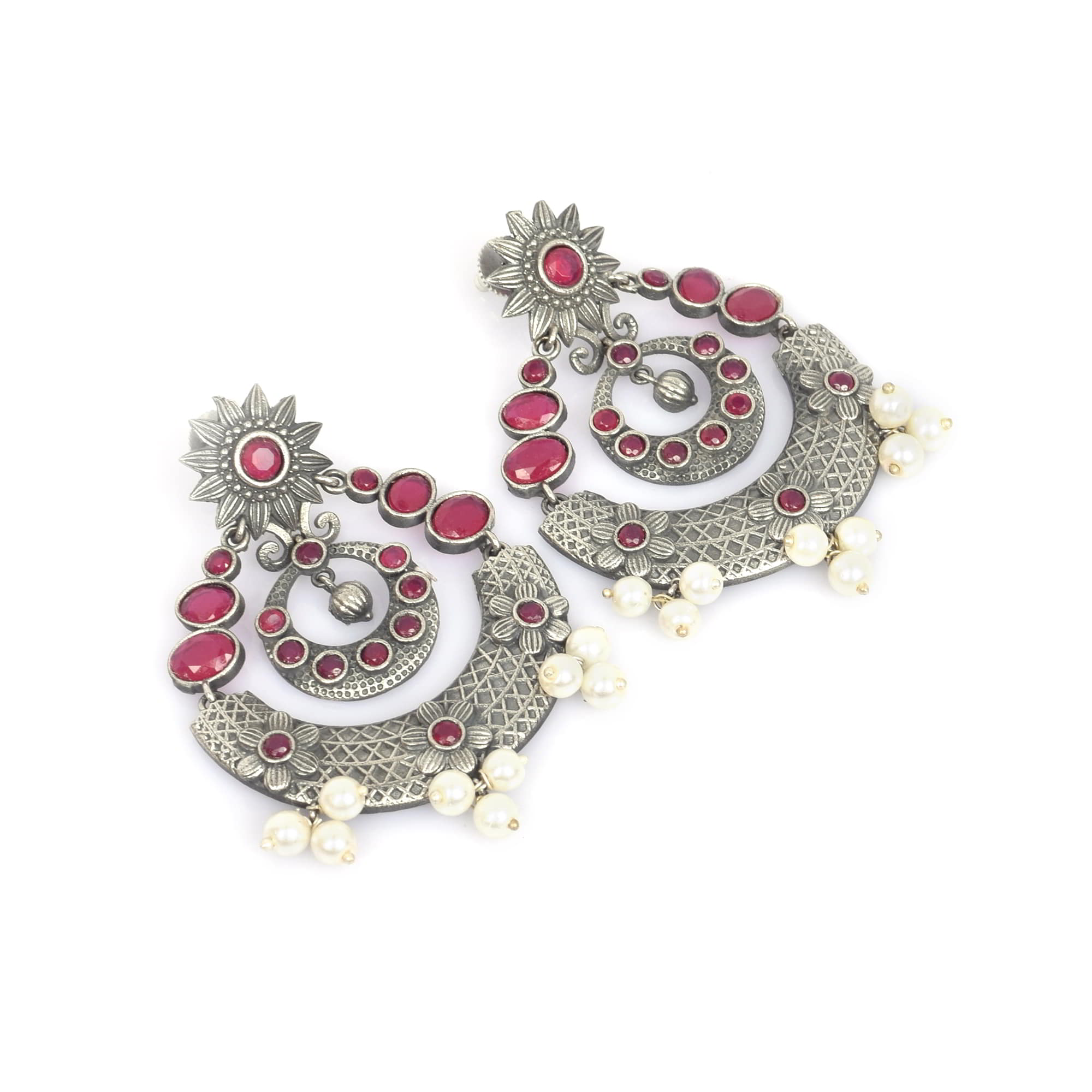 Vintage Design Pink Imitation with Pearl Brass Oxidized Bridal Hanging Earring