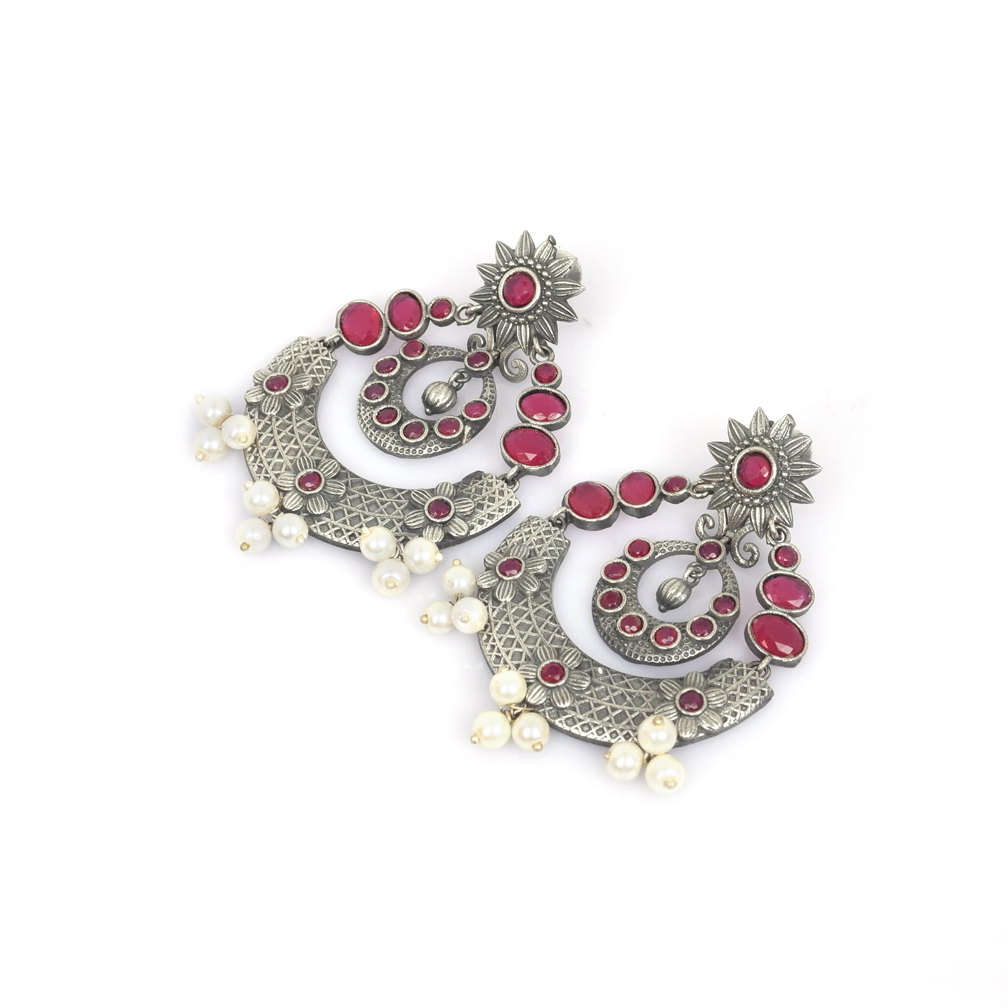 Vintage Design Pink Imitation with Pearl Brass Oxidized Bridal Hanging Earring