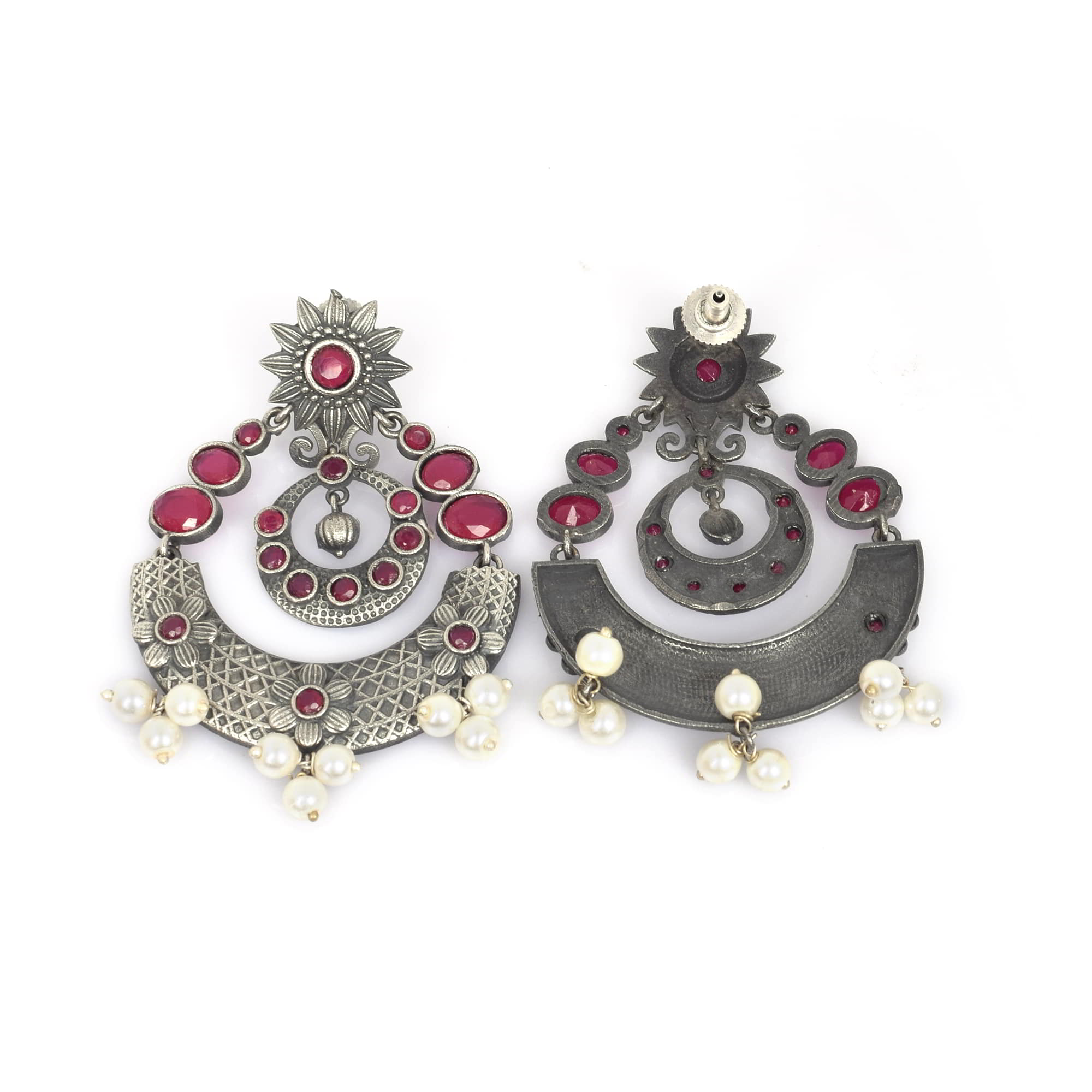 Vintage Design Pink Imitation with Pearl Brass Oxidized Bridal Hanging Earring