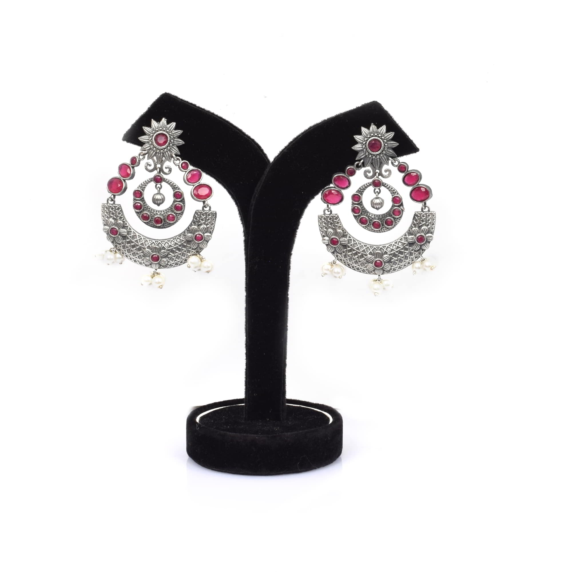 Vintage Design Pink Imitation with Pearl Brass Oxidized Bridal Hanging Earring