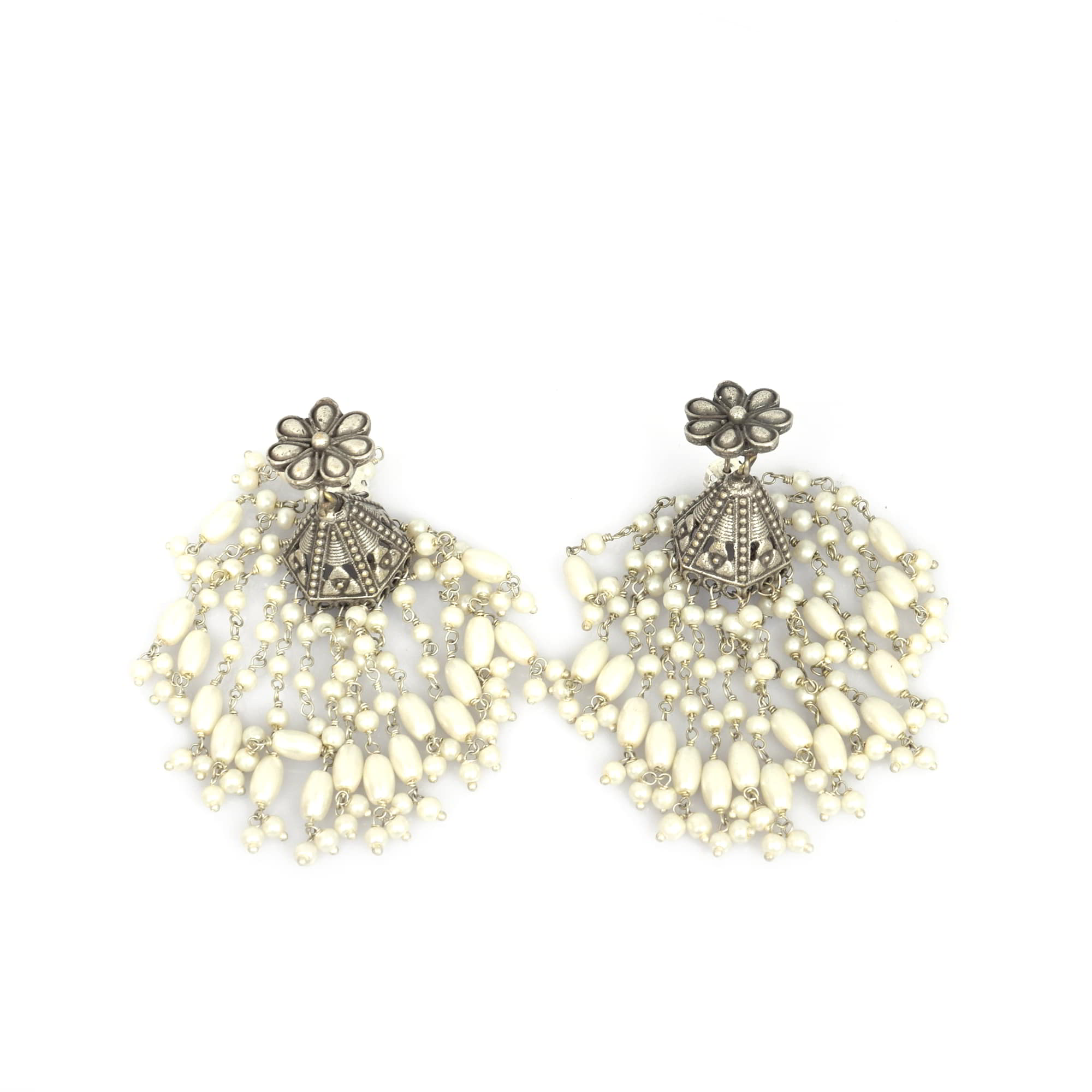 Flower Textured with Pearl Beads Brass Oxidized Bridal Wedding Long Jhumka Earring