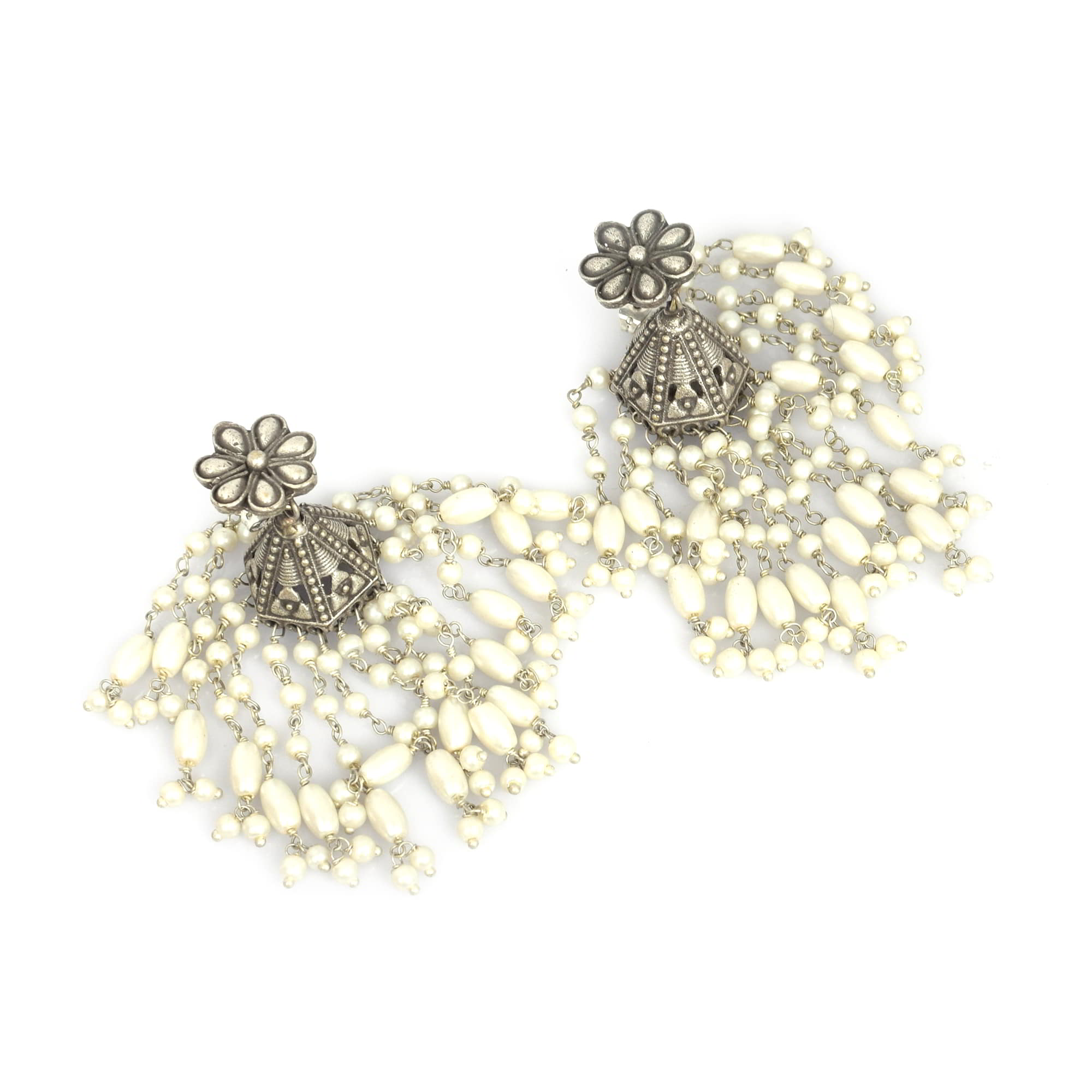 Flower Textured with Pearl Beads Brass Oxidized Bridal Wedding Long Jhumka Earring
