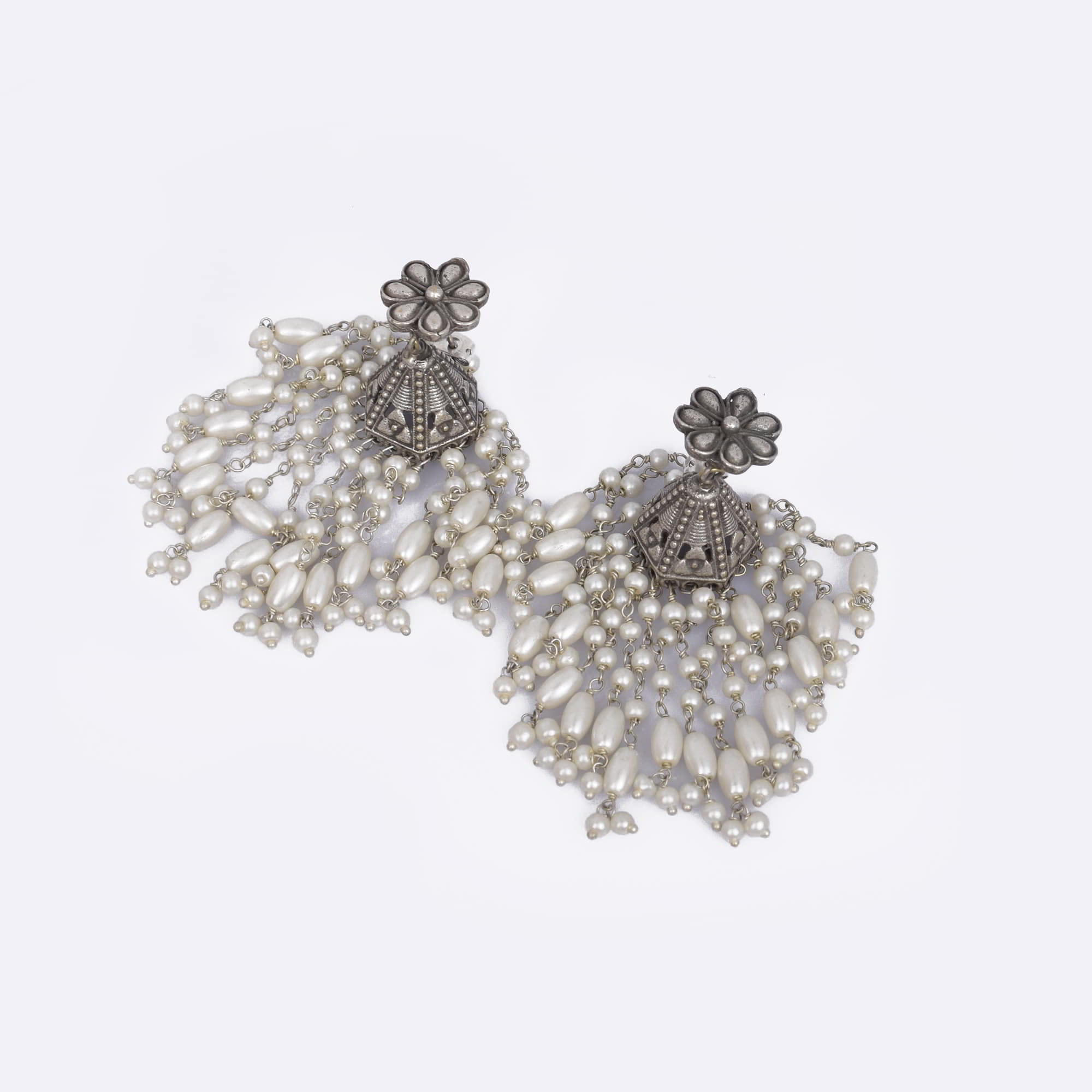 Flower Textured with Pearl Beads Brass Oxidized Bridal Wedding Long Jhumka Earring