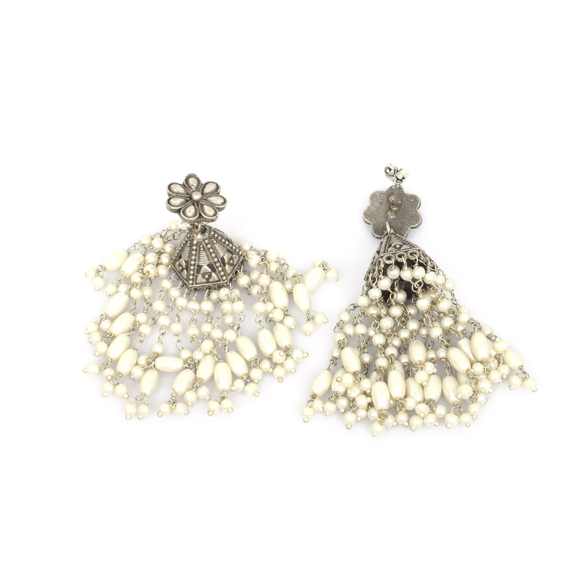 Flower Textured with Pearl Beads Brass Oxidized Bridal Wedding Long Jhumka Earring