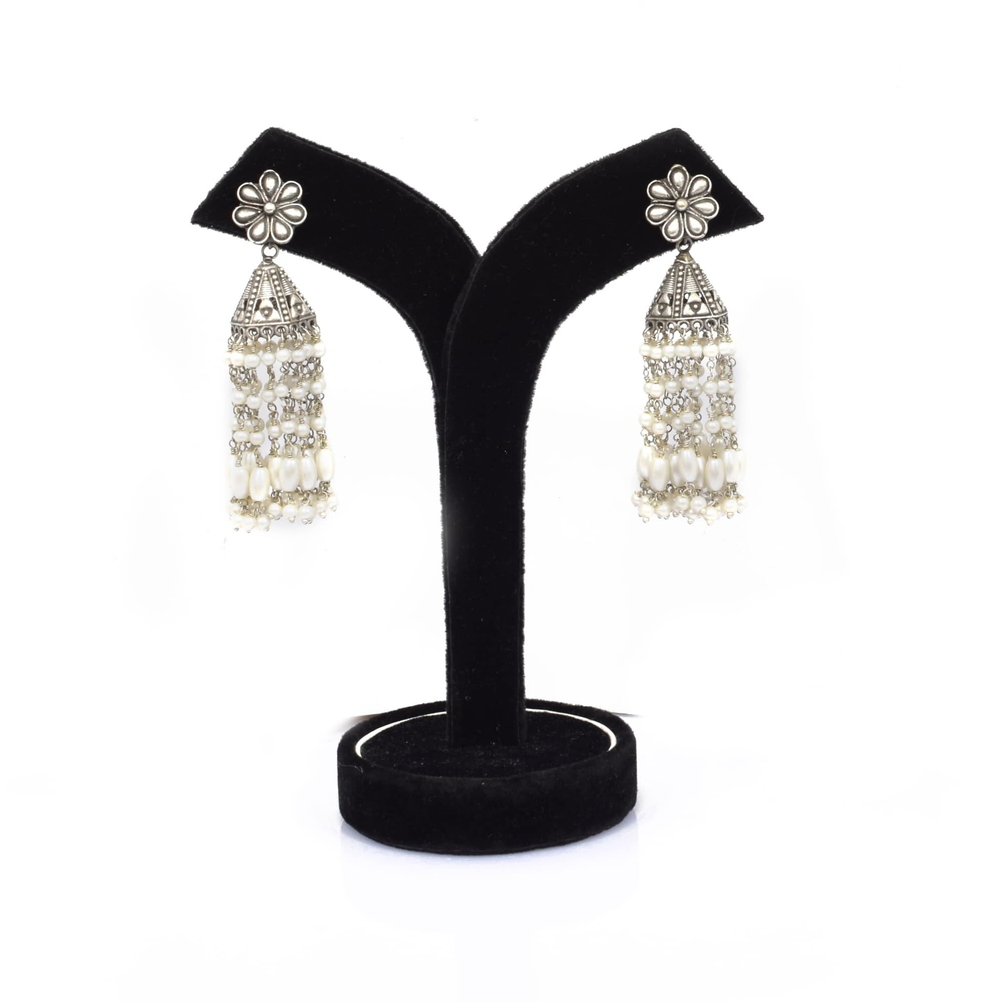 Flower Textured with Pearl Beads Brass Oxidized Bridal Wedding Long Jhumka Earring