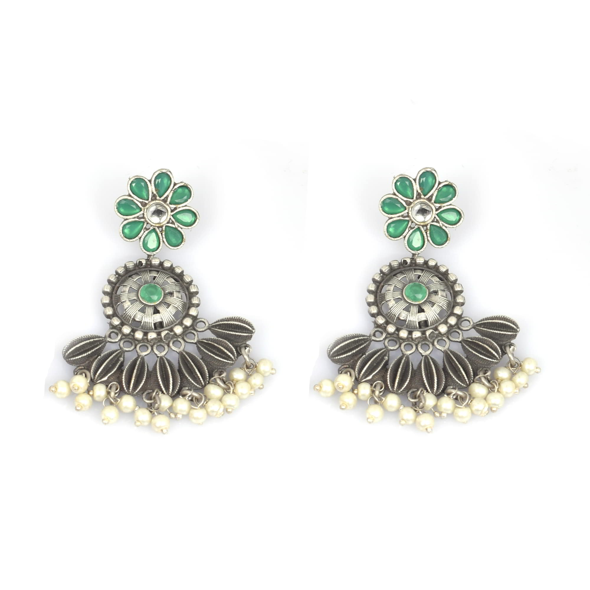 Flower Design Green Imitation with Pearl Brass Oxidized Antique Dangle Earring