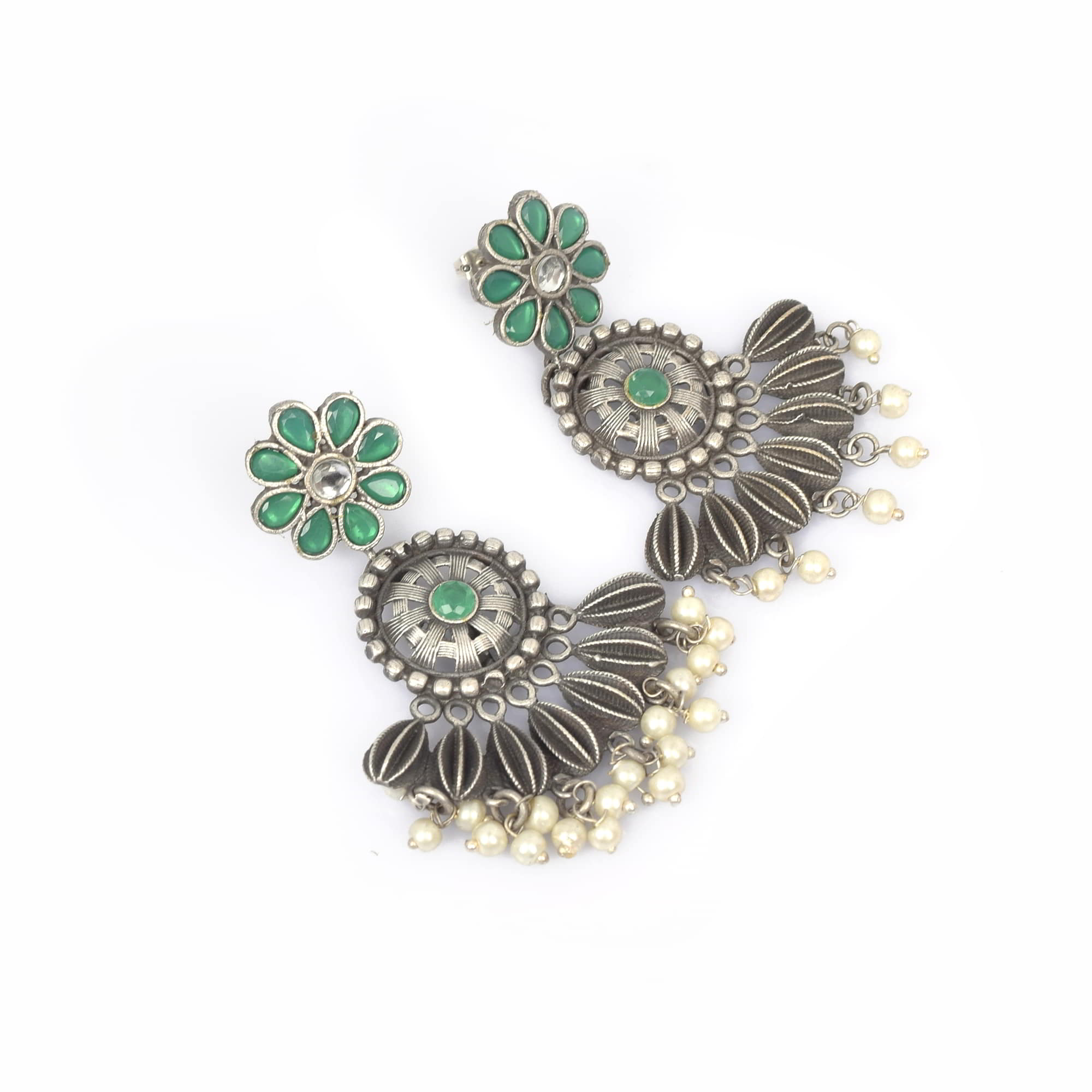 Flower Design Green Imitation with Pearl Brass Oxidized Antique Dangle Earring
