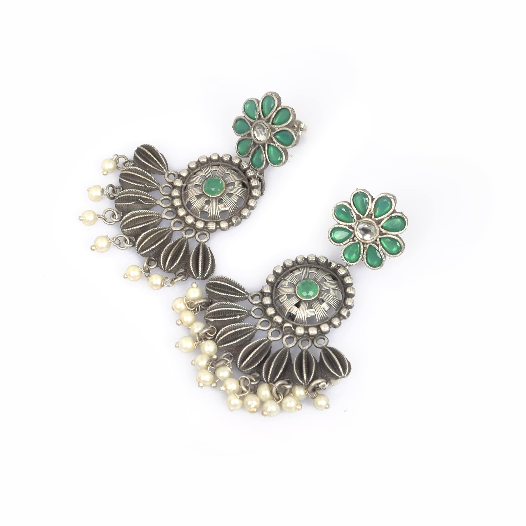 Flower Design Green Imitation with Pearl Brass Oxidized Antique Dangle Earring