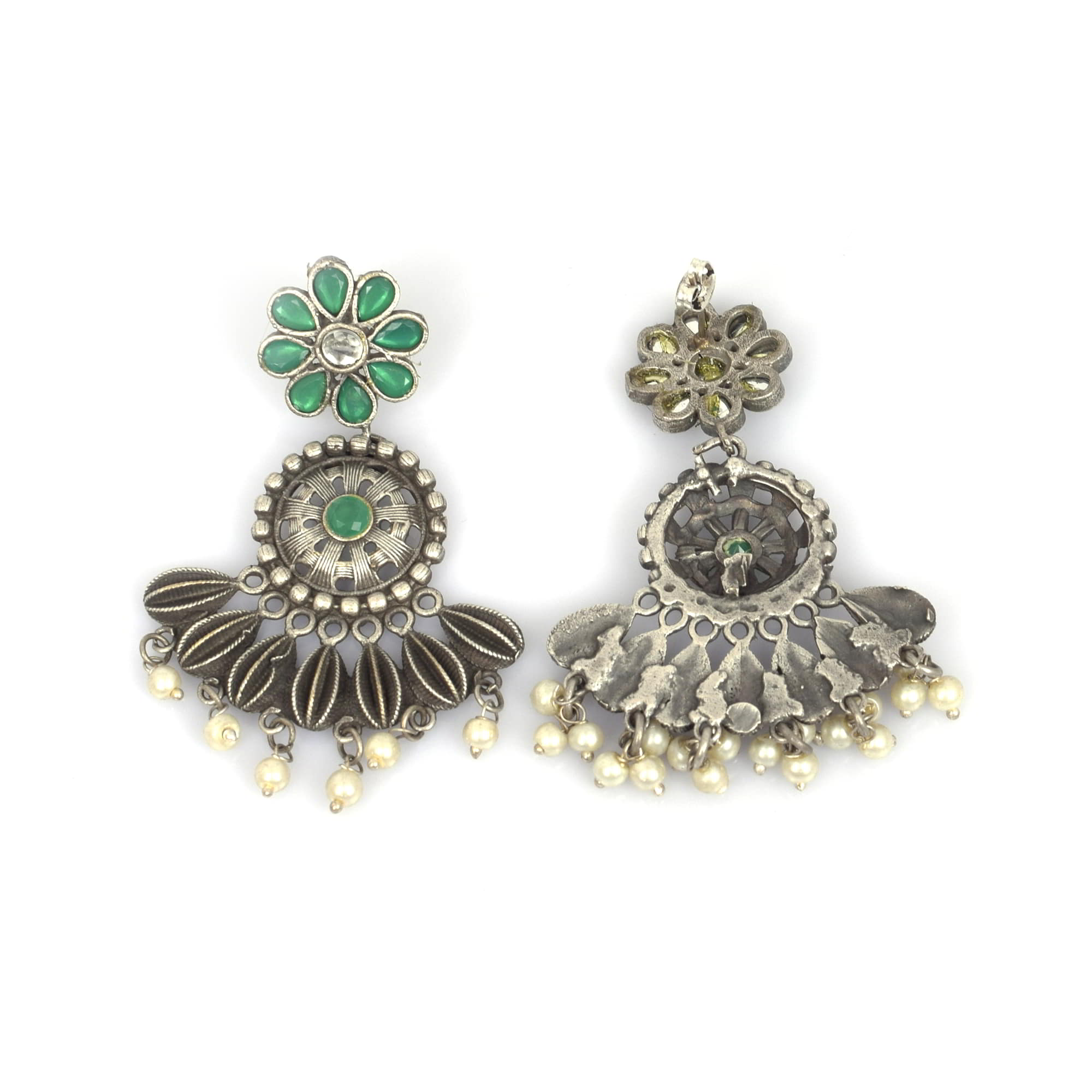 Flower Design Green Imitation with Pearl Brass Oxidized Antique Dangle Earring