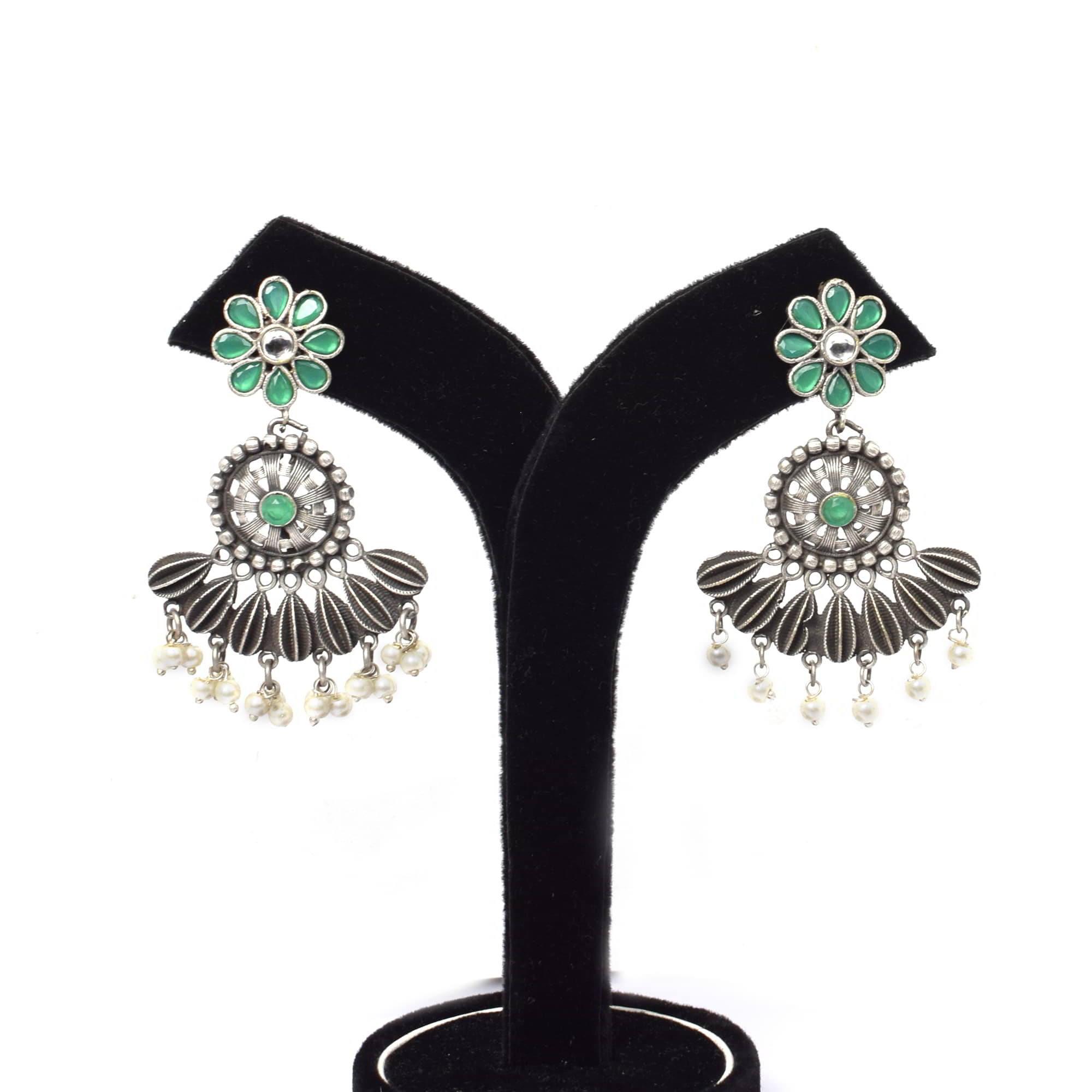 Flower Design Green Imitation with Pearl Brass Oxidized Antique Dangle Earring