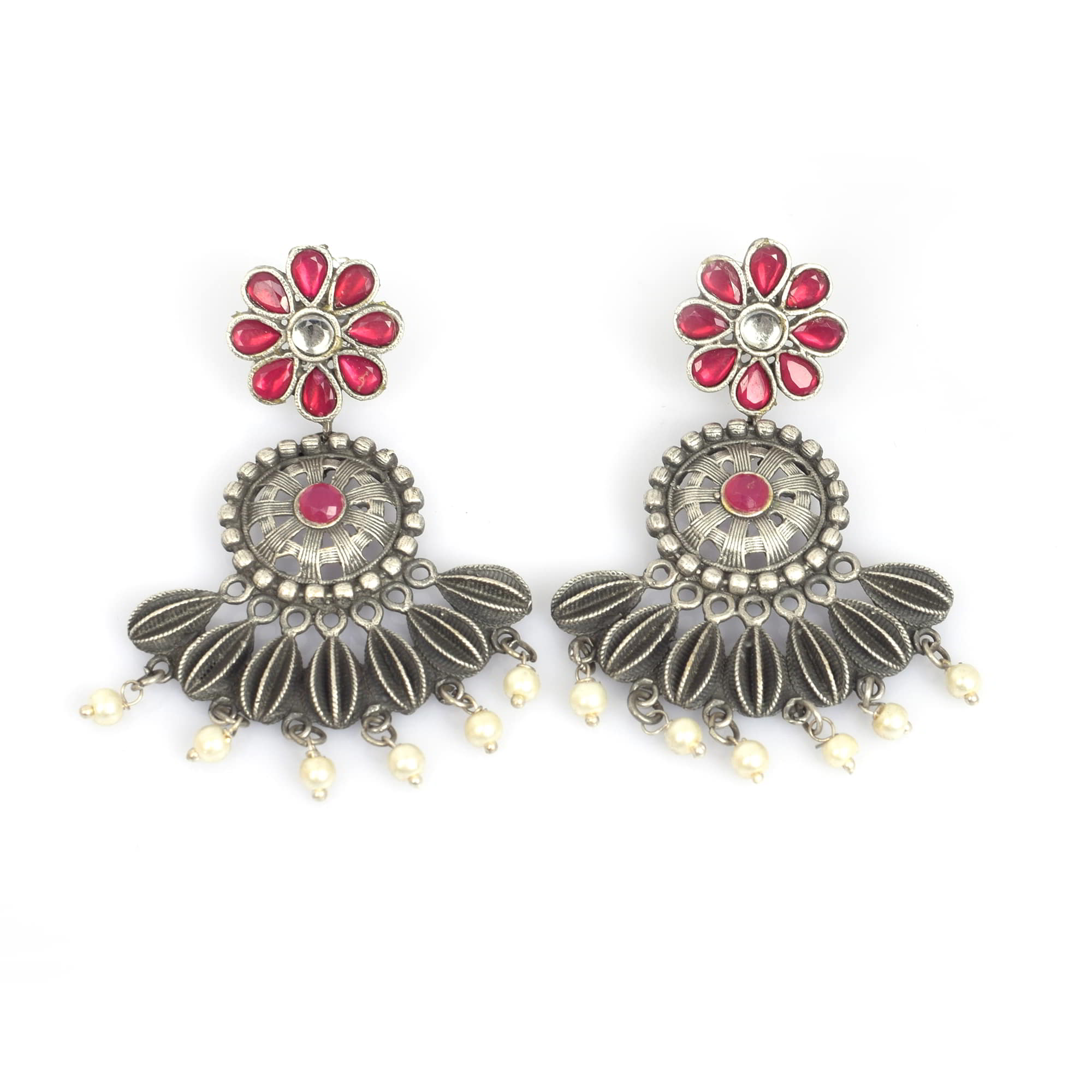 Flower Antique Pink Imitation with Pearl Beads Brass Oxidized Wedding Earring