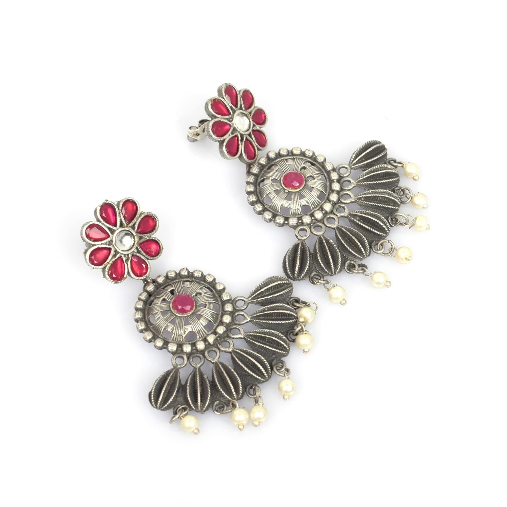 Flower Antique Pink Imitation with Pearl Beads Brass Oxidized Wedding Earring
