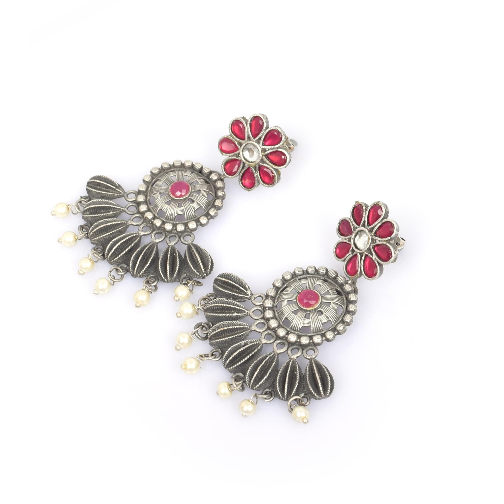 Flower Antique Pink Imitation with Pearl Beads Brass Oxidized Wedding Earring