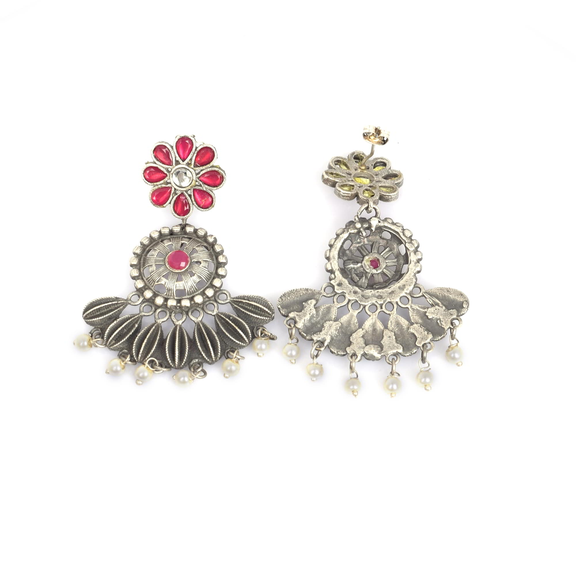 Flower Antique Pink Imitation with Pearl Beads Brass Oxidized Wedding Earring