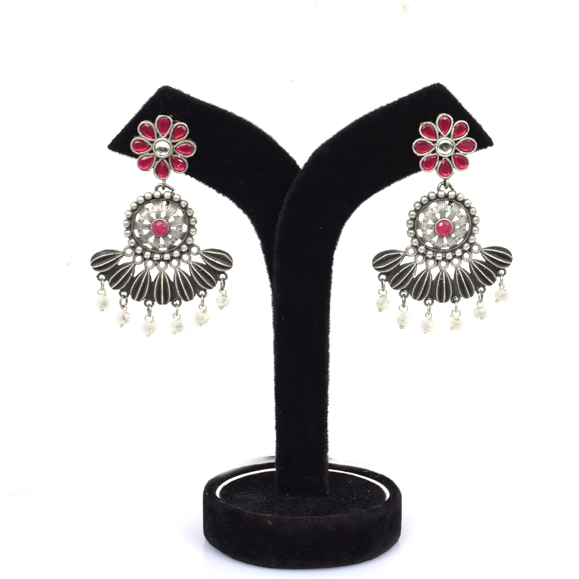 Flower Antique Pink Imitation with Pearl Beads Brass Oxidized Wedding Earring