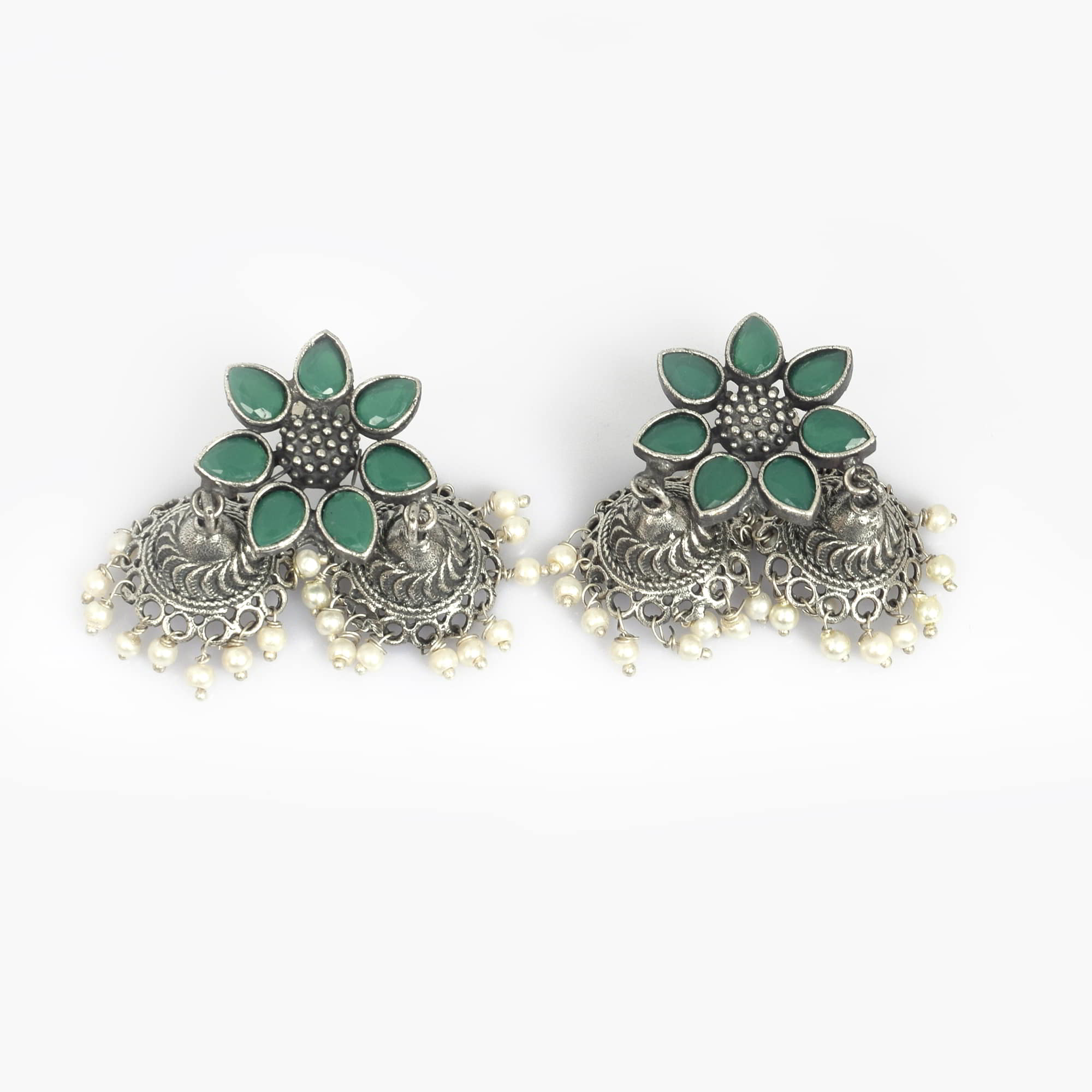 Green Imitation Flower with Pearl Beads Brass Oxidized Indian Wedding Double Jhumki Earring