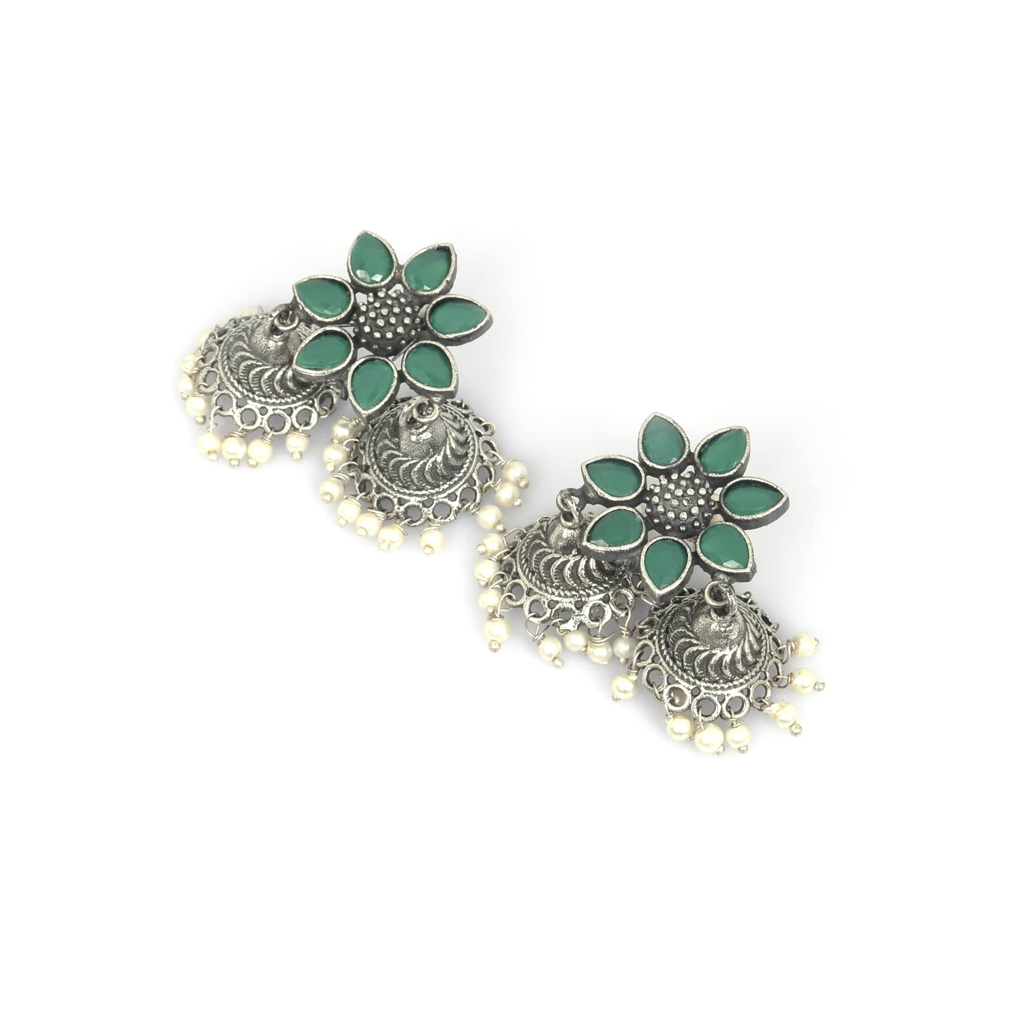 Green Imitation Flower with Pearl Beads Brass Oxidized Indian Wedding Double Jhumki Earring