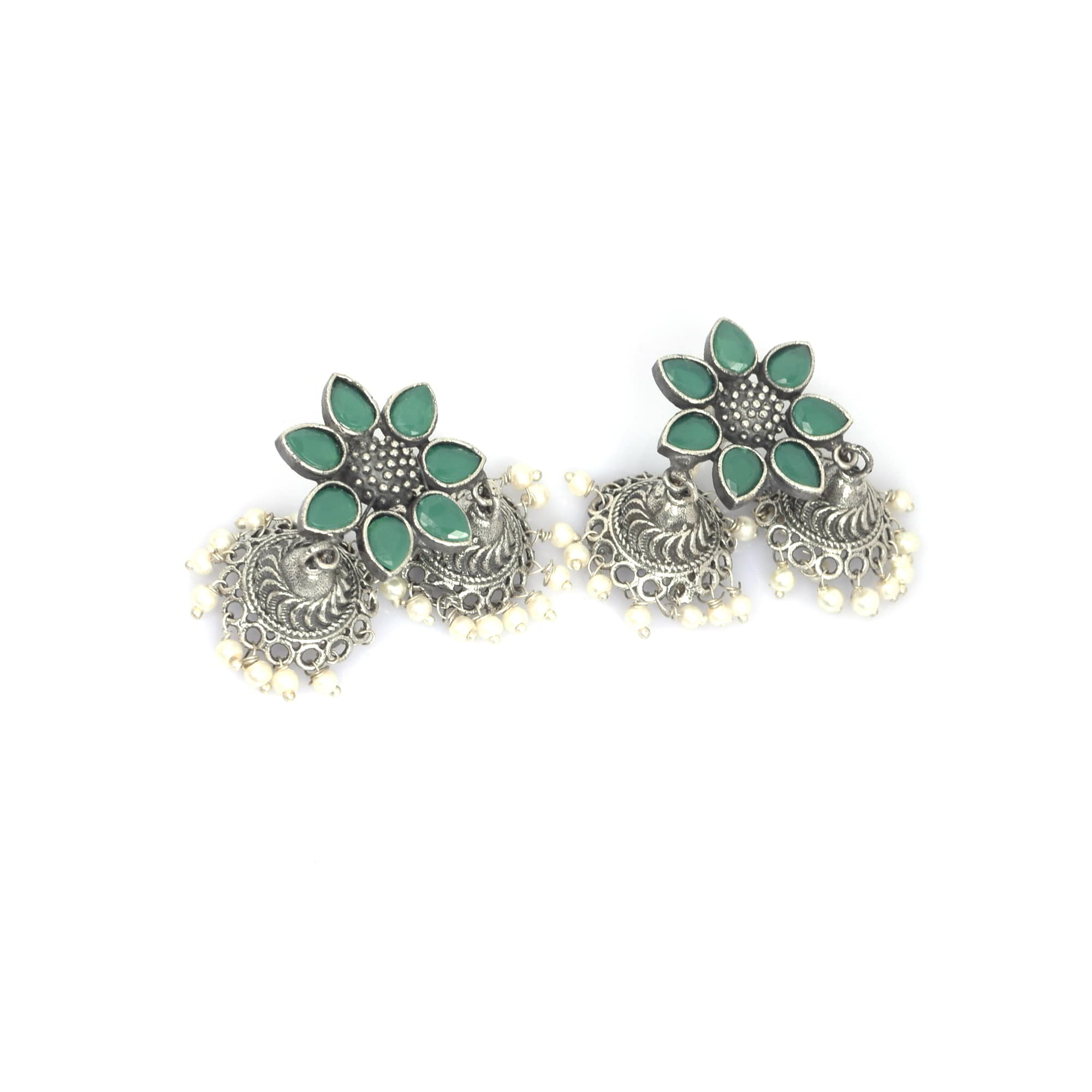 Green Imitation Flower with Pearl Beads Brass Oxidized Indian Wedding Double Jhumki Earring