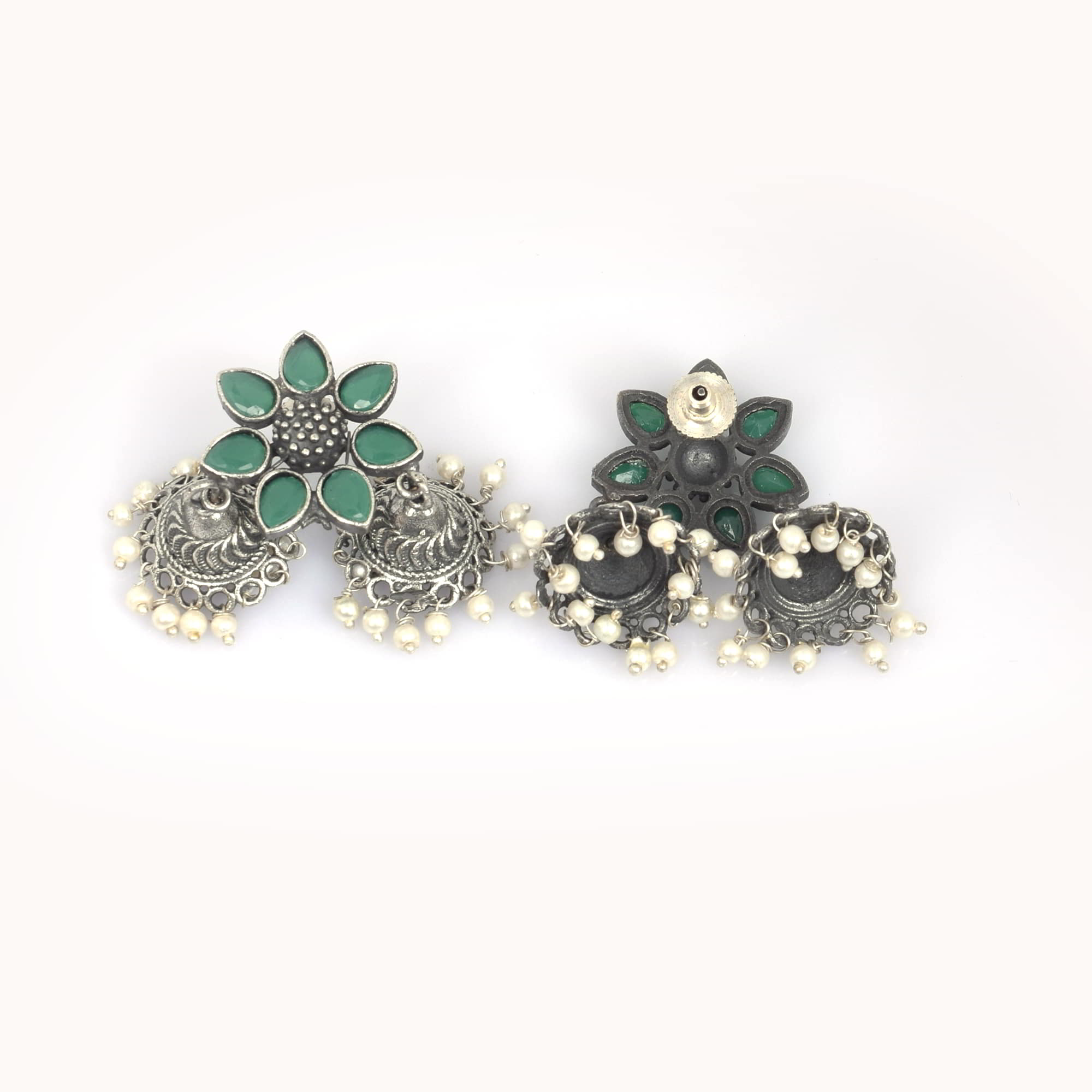 Green Imitation Flower with Pearl Beads Brass Oxidized Indian Wedding Double Jhumki Earring