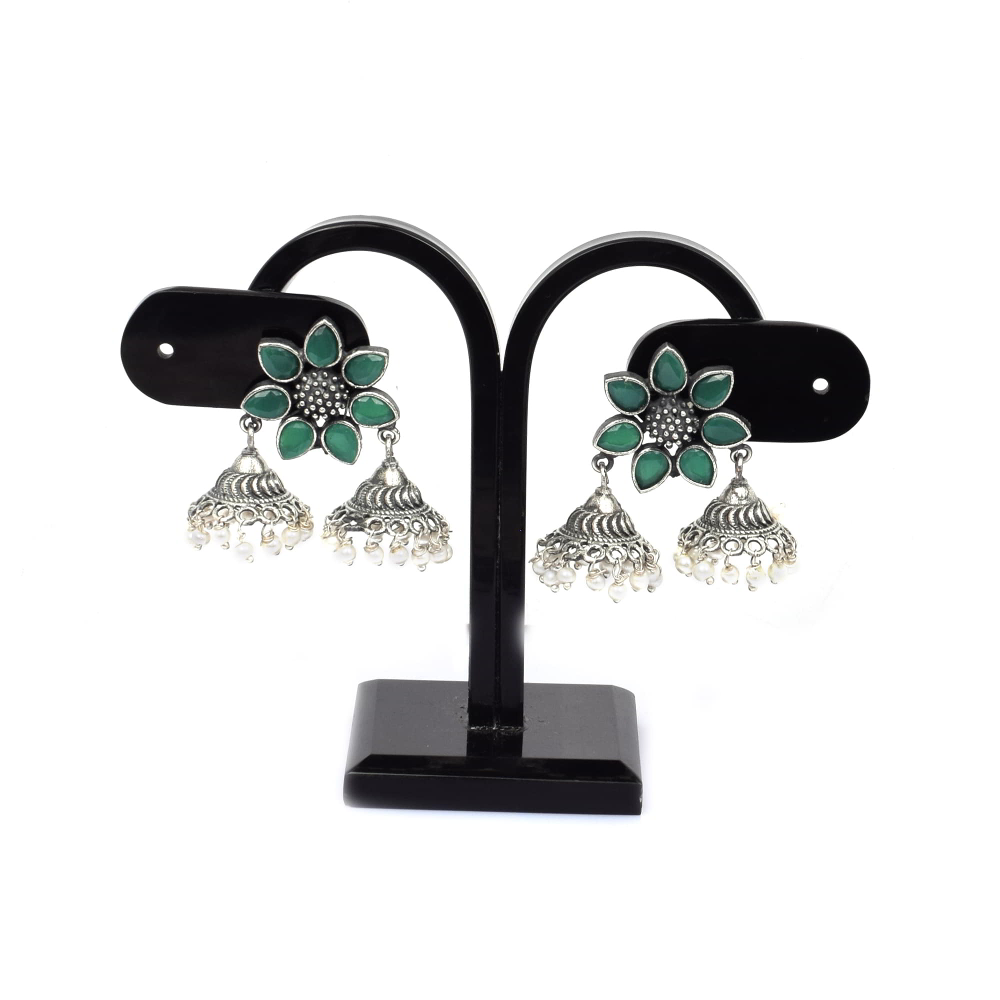 Green Imitation Flower with Pearl Beads Brass Oxidized Indian Wedding Double Jhumki Earring