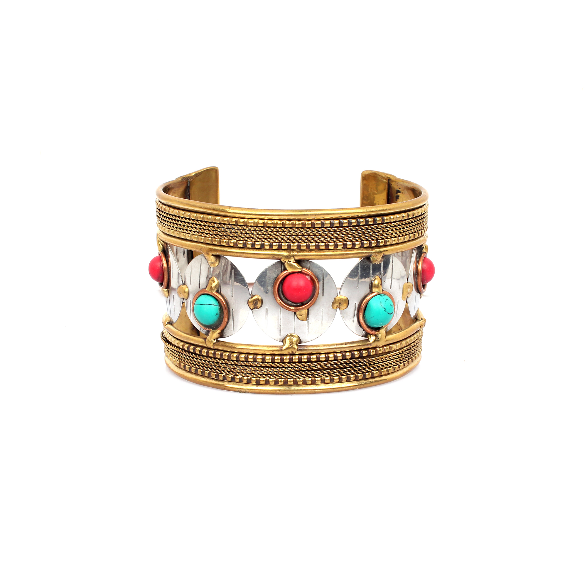 Synthetic Turquoise and Coral Beaded Edge Cuff Bracelet
