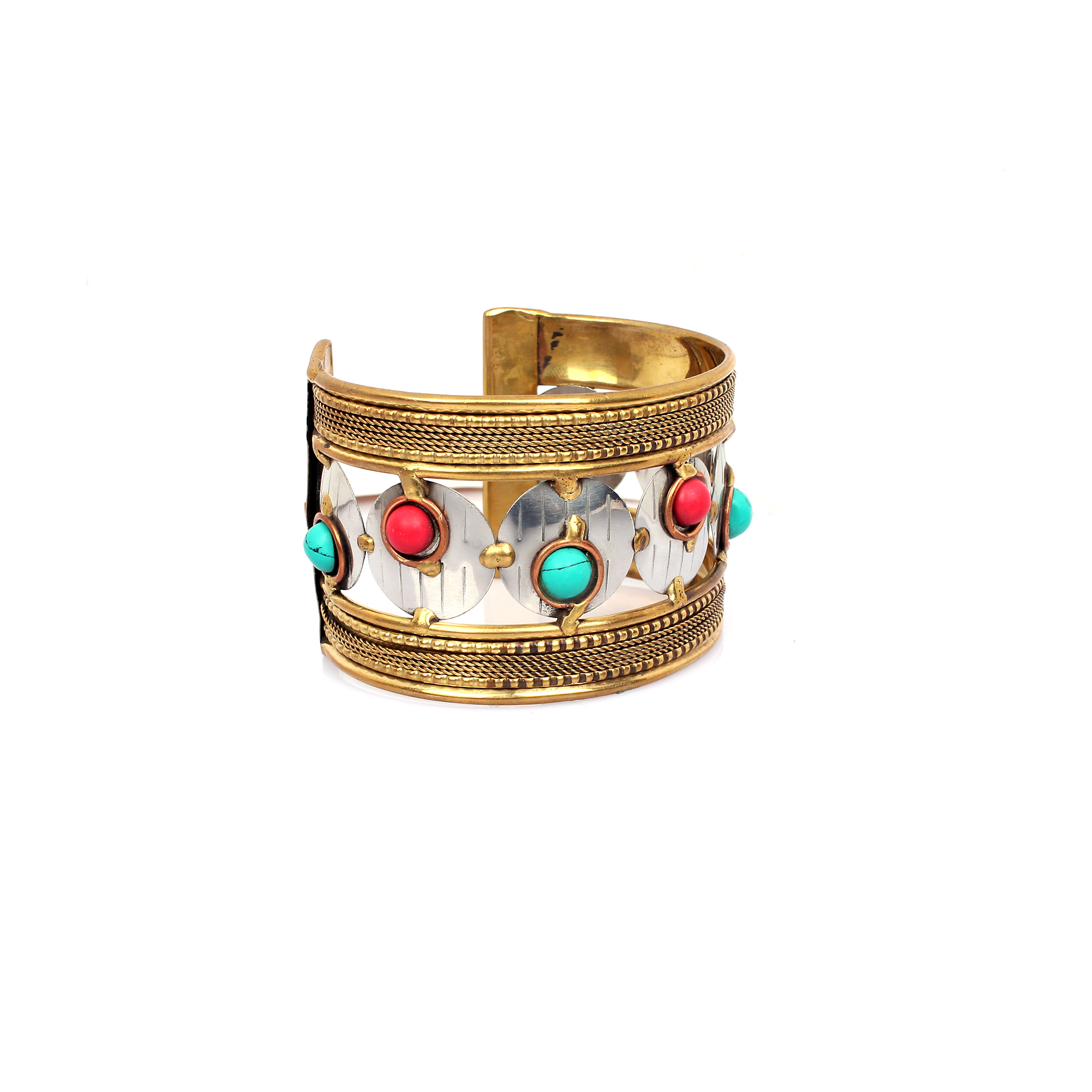 Synthetic Turquoise and Coral Beaded Edge Cuff Bracelet