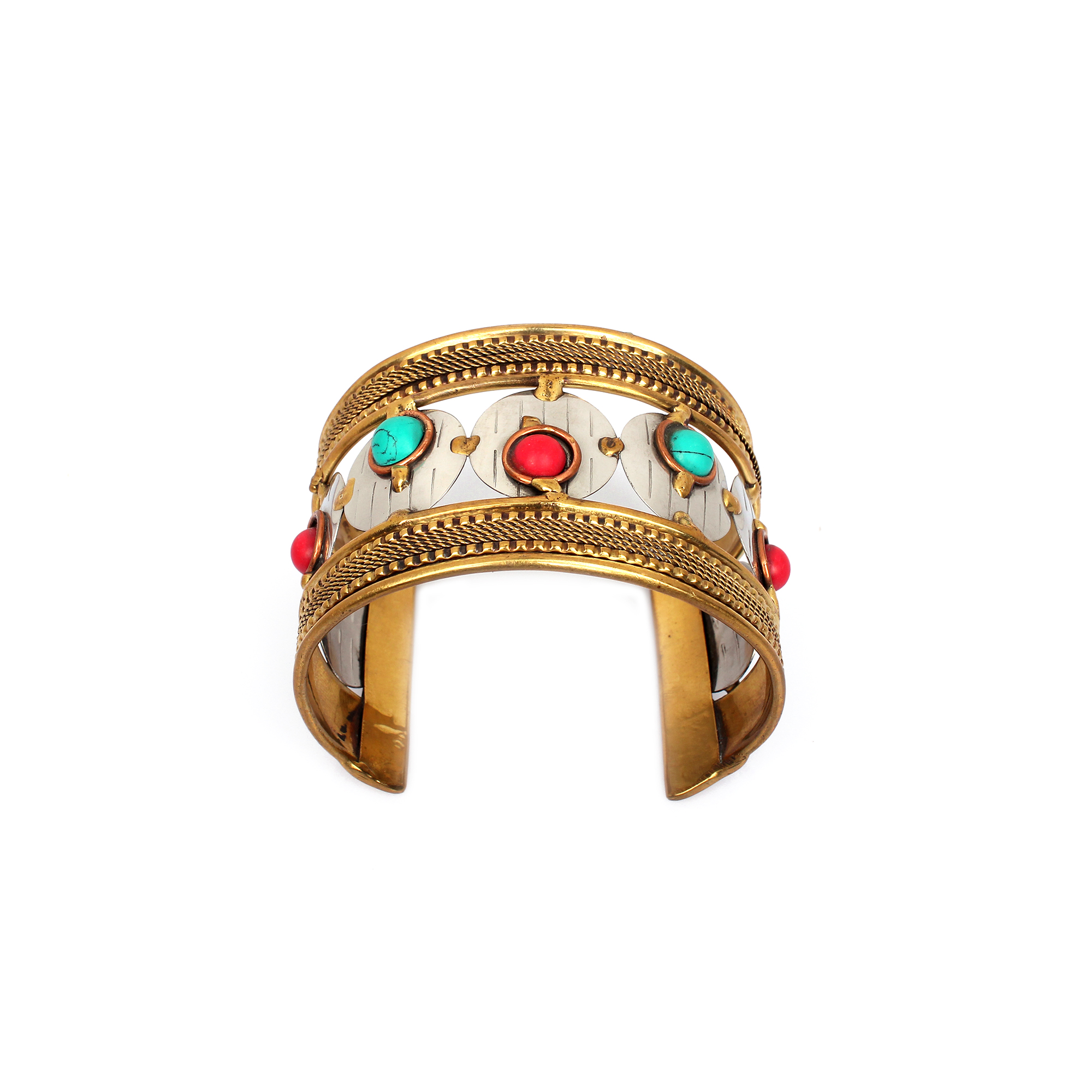 Synthetic Turquoise and Coral Beaded Edge Cuff Bracelet