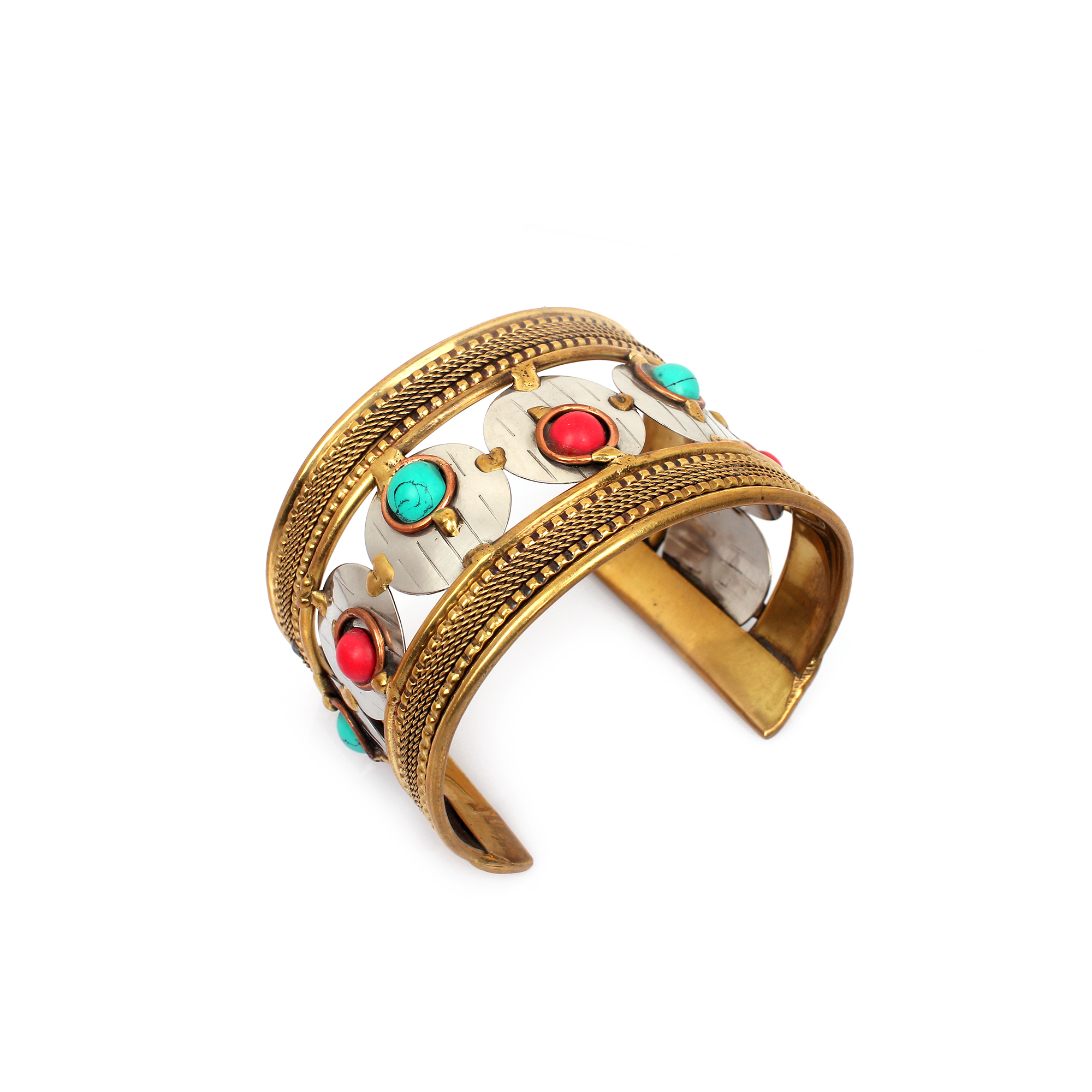 Synthetic Turquoise and Coral Beaded Edge Cuff Bracelet