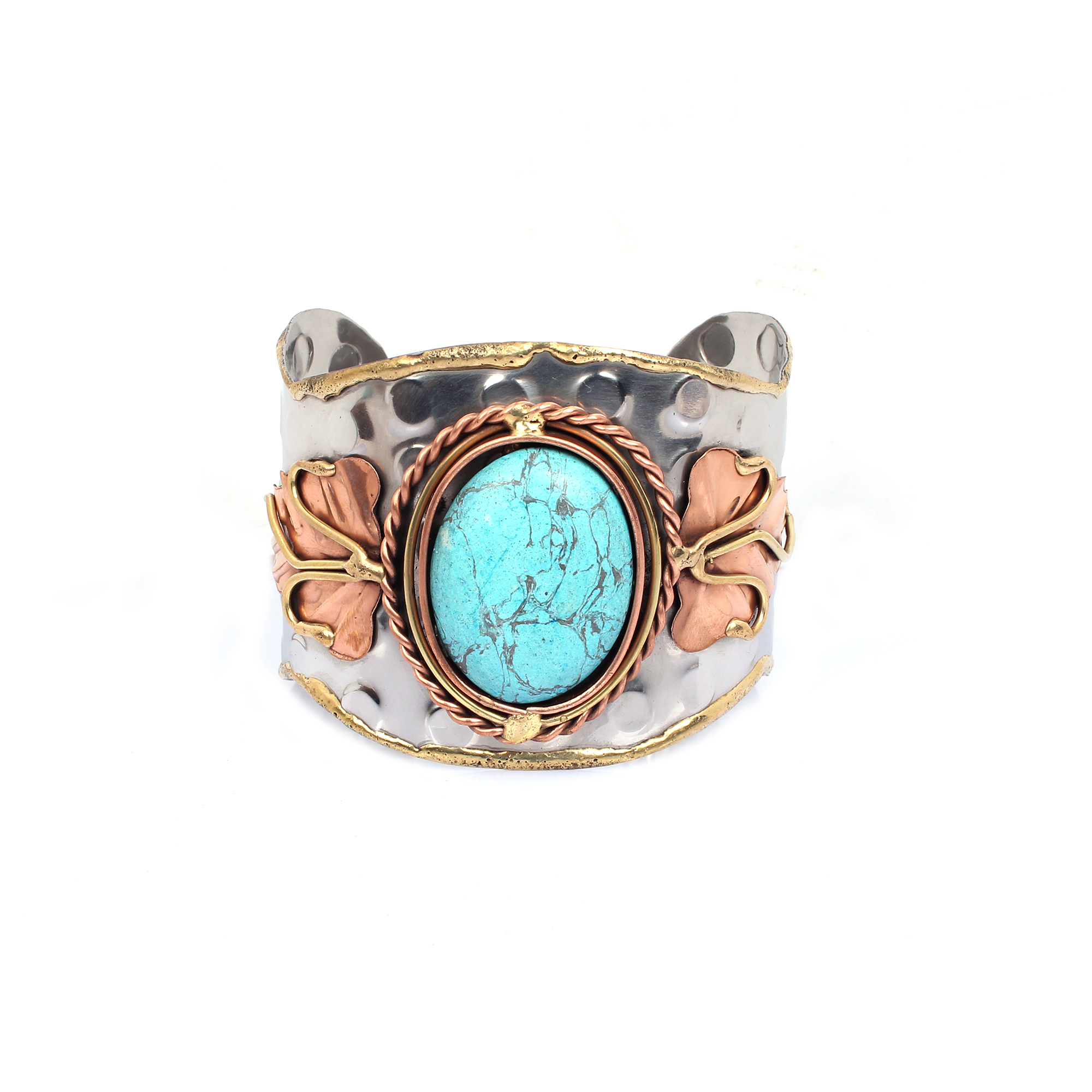 Handmade Hammered Synthetic Turquoise Leaf Cuff Bracelet