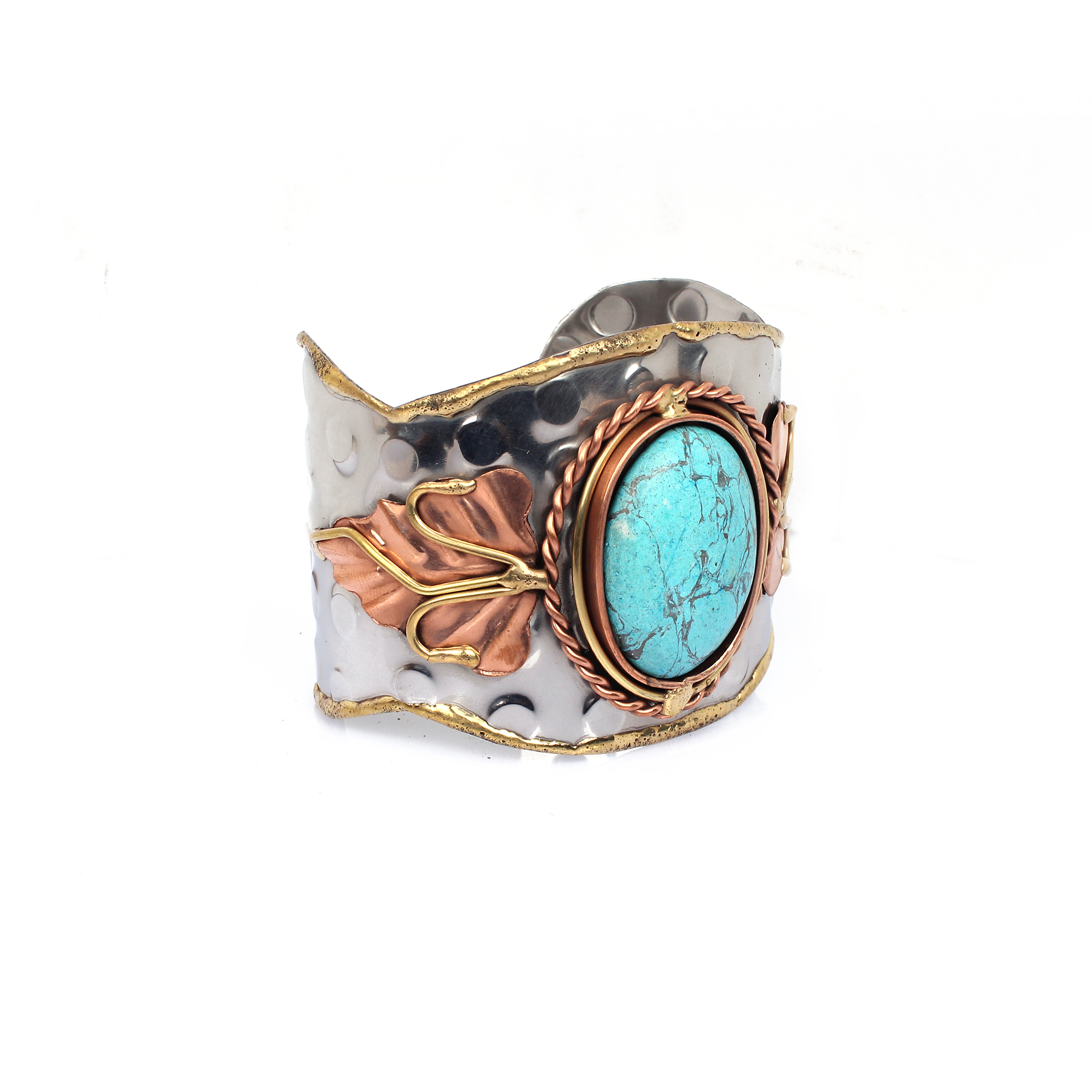 Handmade Hammered Synthetic Turquoise Leaf Cuff Bracelet