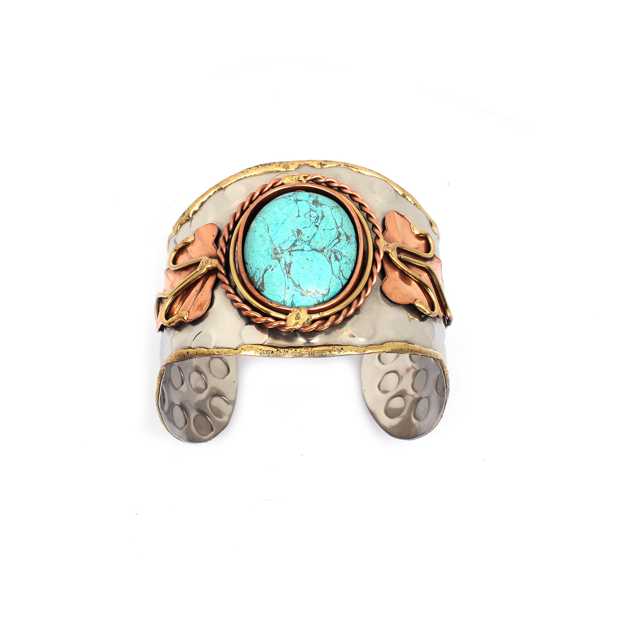 Handmade Hammered Synthetic Turquoise Leaf Cuff Bracelet