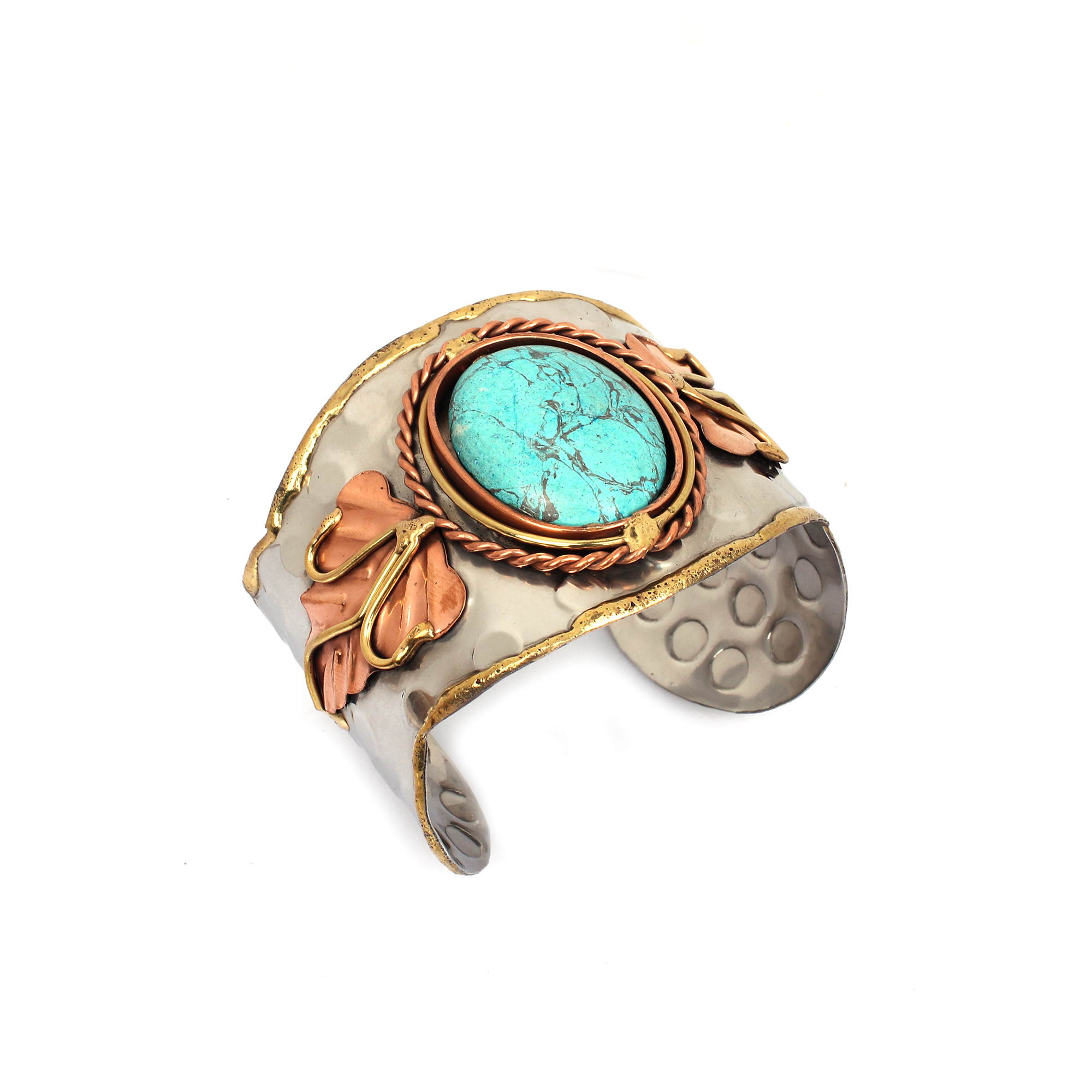 Handmade Hammered Synthetic Turquoise Leaf Cuff Bracelet