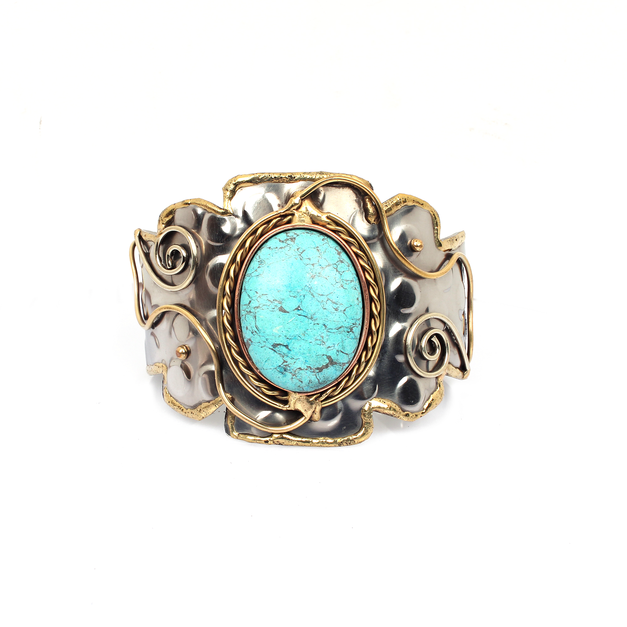 Synthetic Turquoise Swirls Brass Hammered Cuff Bracelet