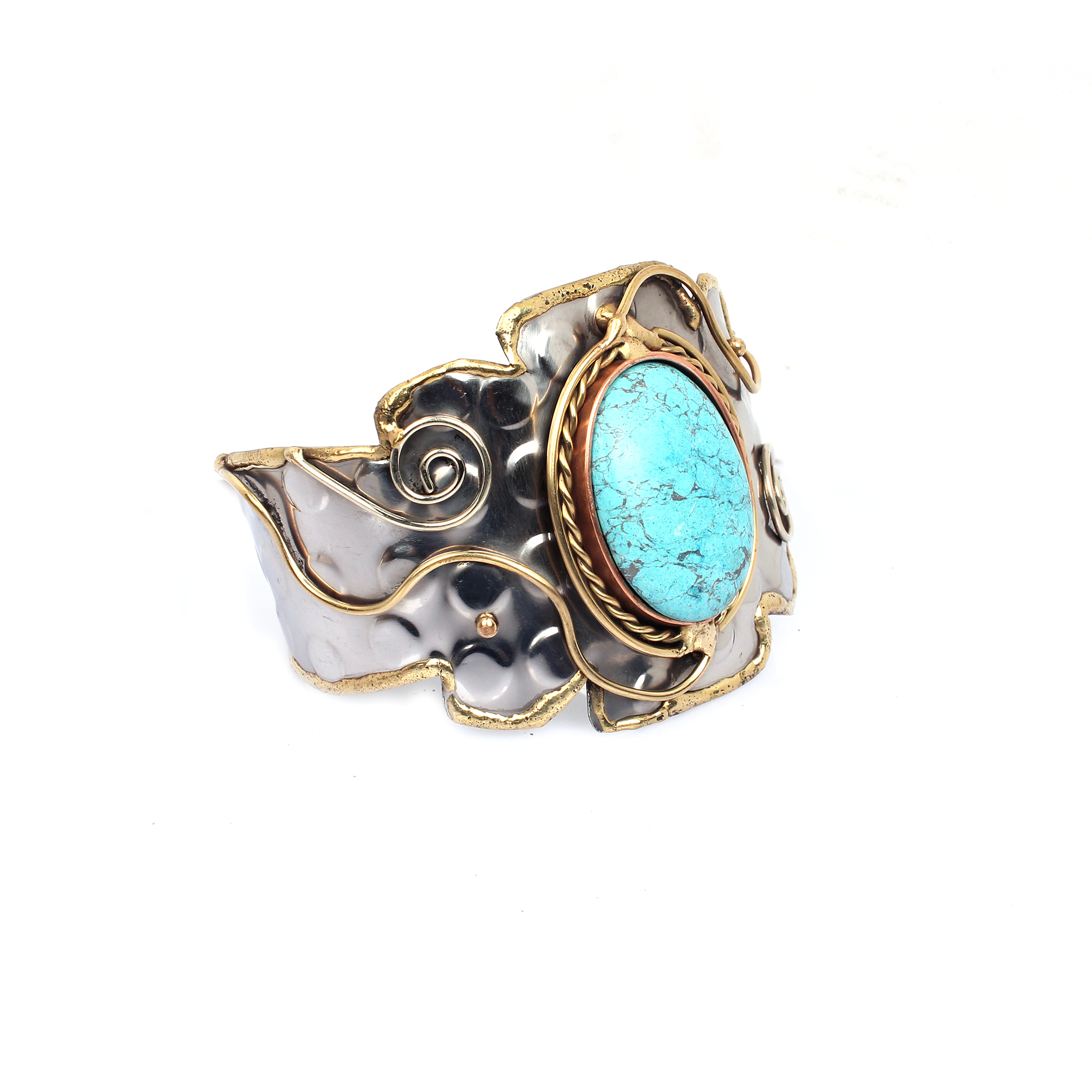 Synthetic Turquoise Swirls Brass Hammered Cuff Bracelet
