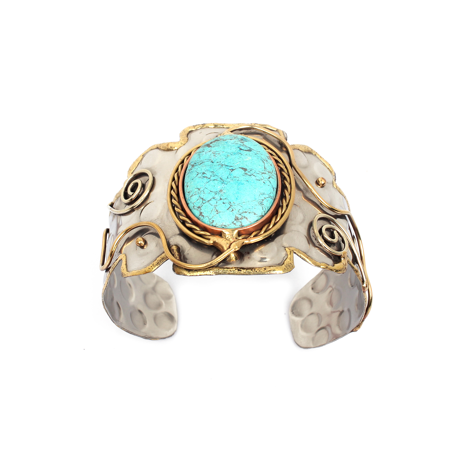 Synthetic Turquoise Swirls Brass Hammered Cuff Bracelet
