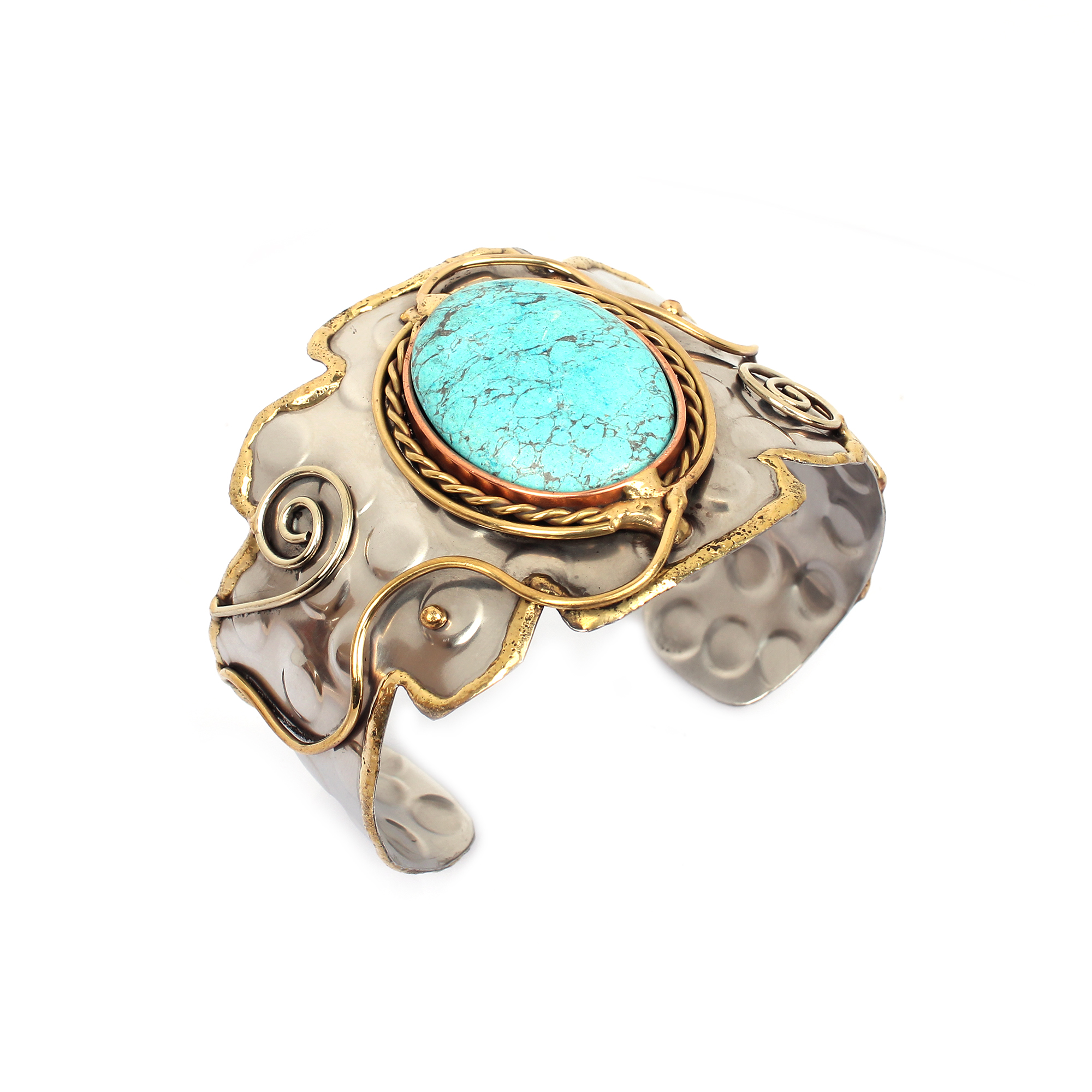 Synthetic Turquoise Swirls Brass Hammered Cuff Bracelet