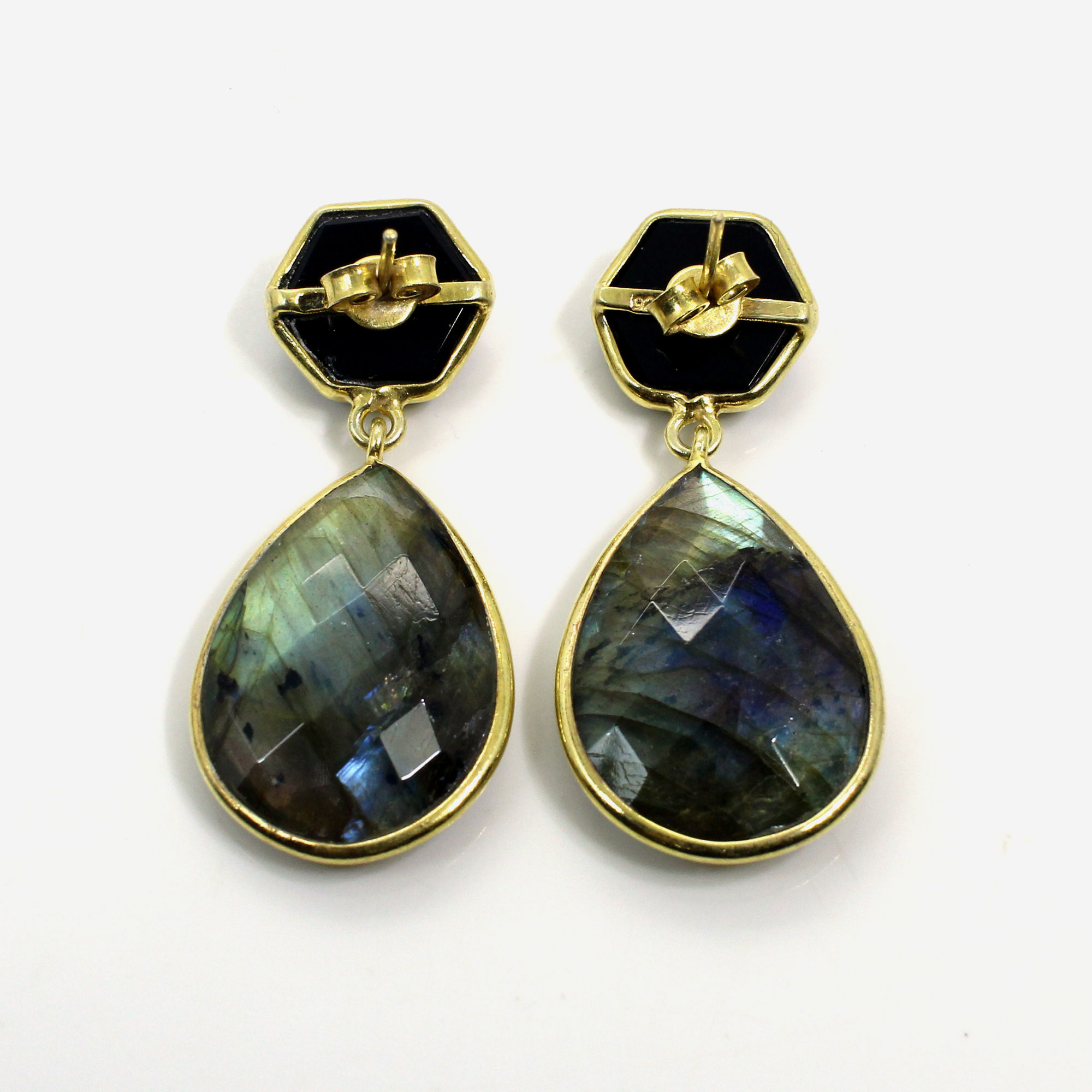 Labradorite amp Black Onyx Sterling Silver Gold Plated Stud Earrings