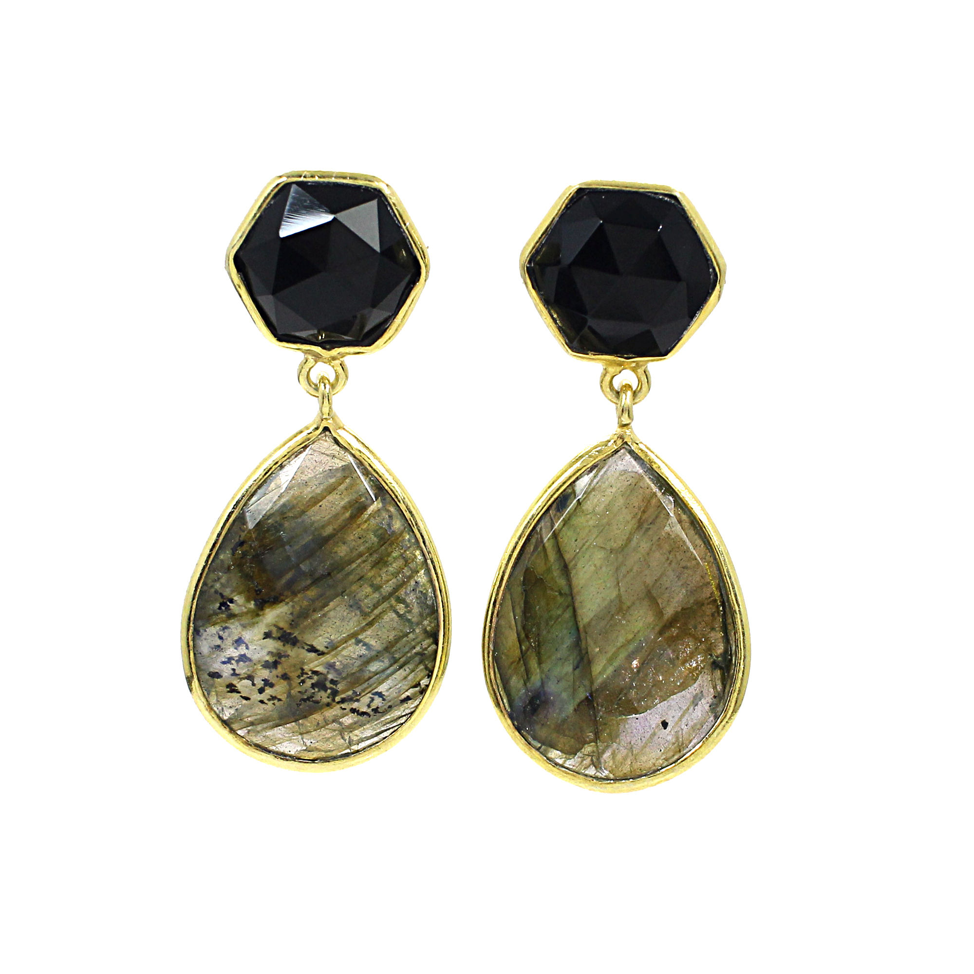 Labradorite amp Black Onyx Sterling Silver Gold Plated Stud Earrings