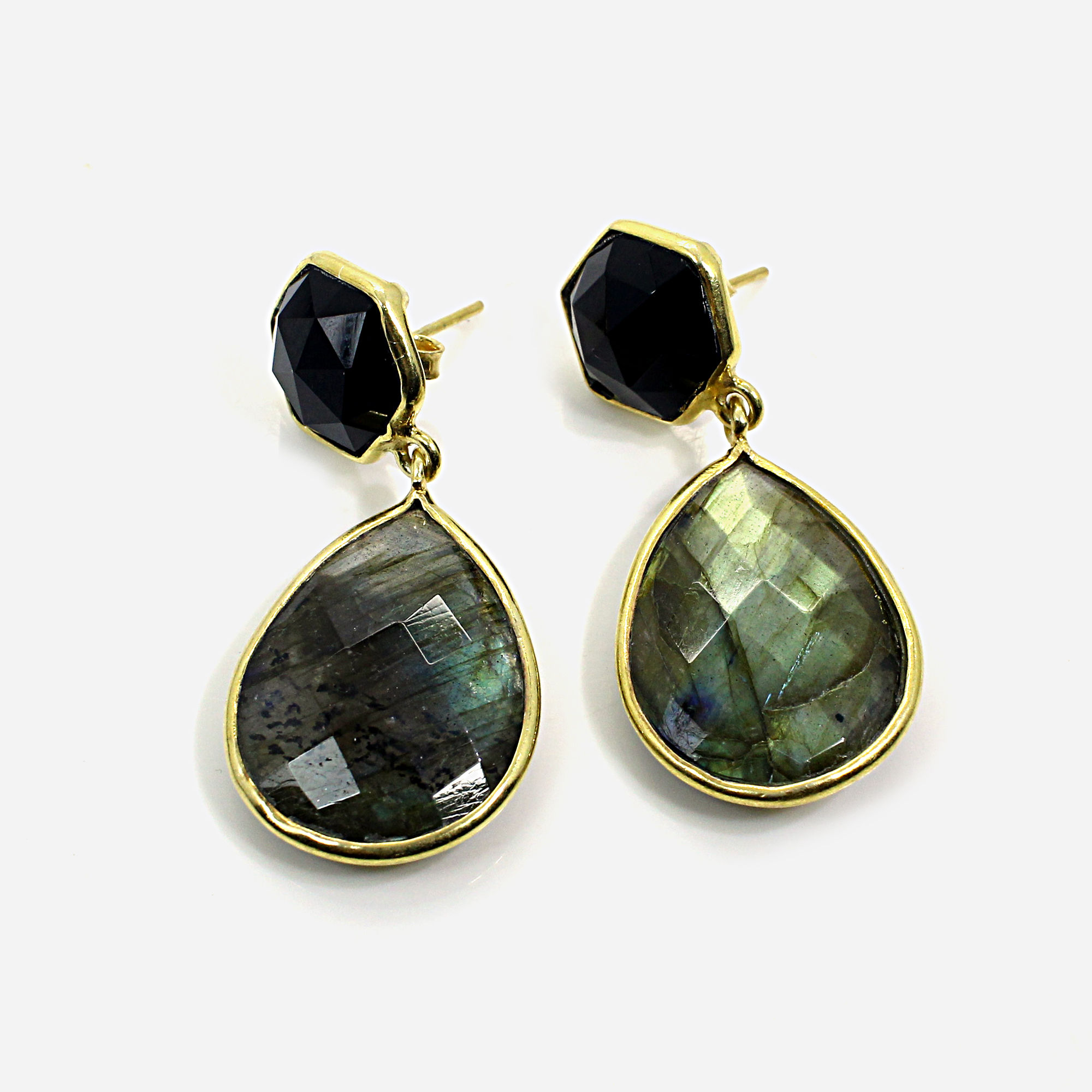 Labradorite amp Black Onyx Sterling Silver Gold Plated Stud Earrings