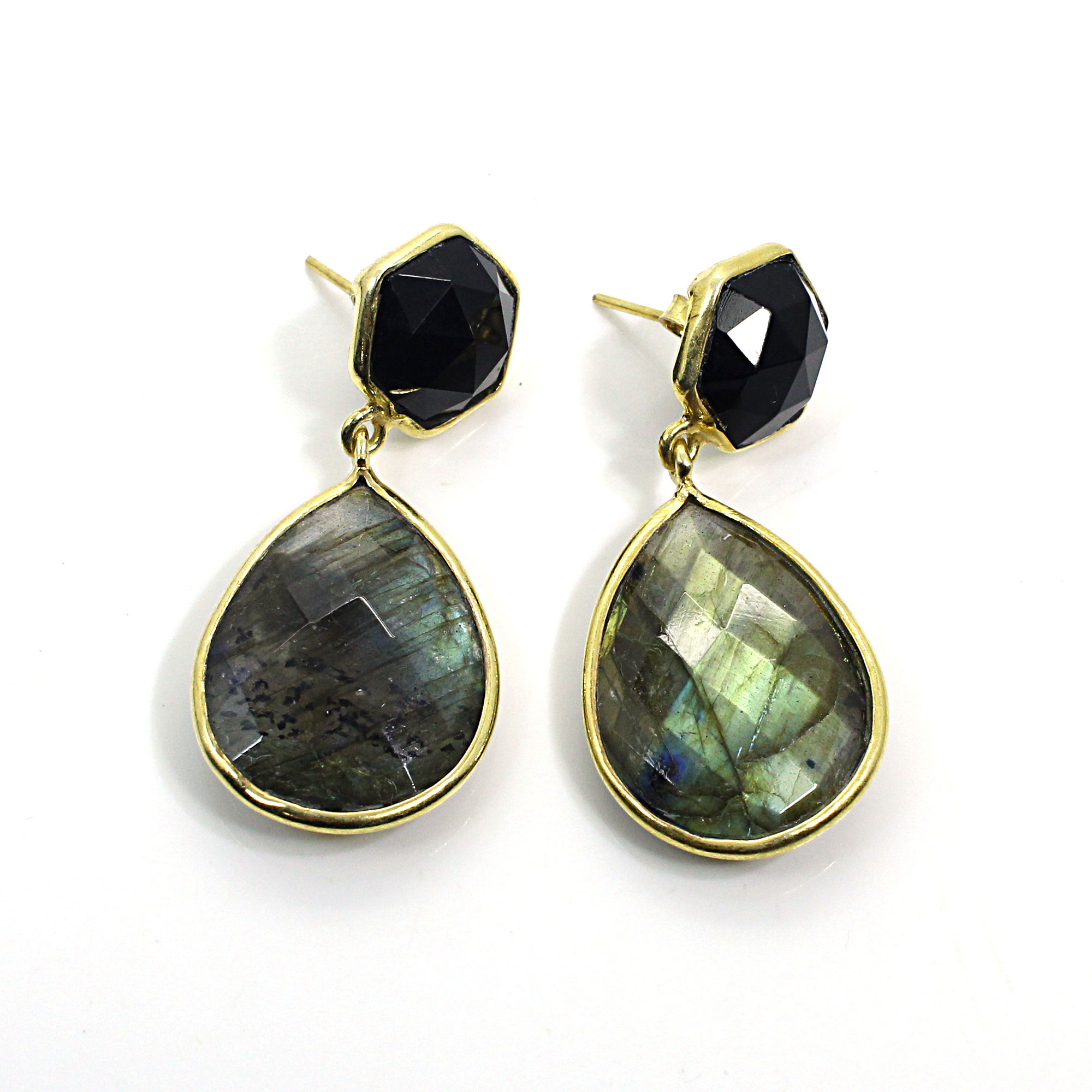 Labradorite amp Black Onyx Sterling Silver Gold Plated Stud Earrings