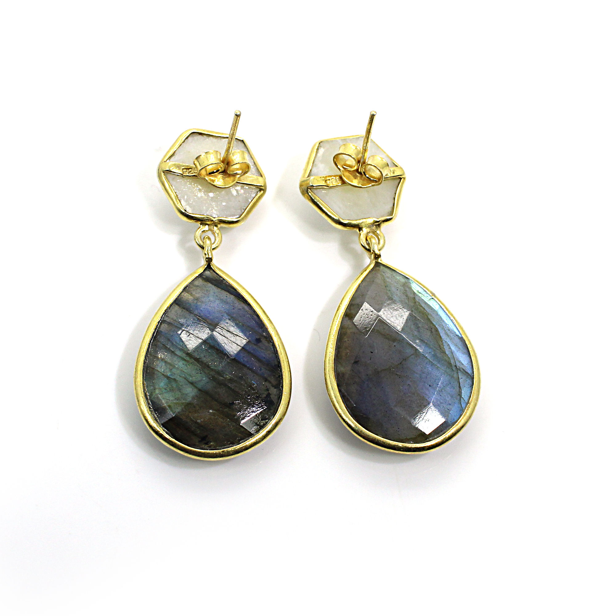 Labradorite amp Rainbow Moonstone Sterling Silver Gold Plated Stud Earrings