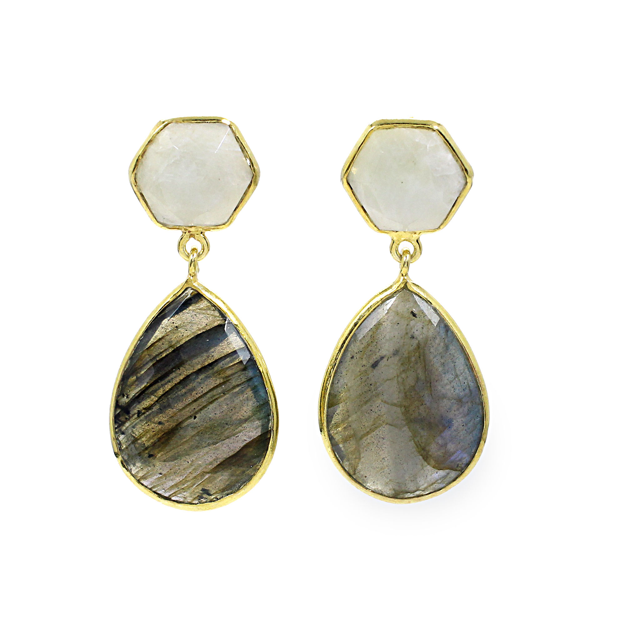 Labradorite amp Rainbow Moonstone Sterling Silver Gold Plated Stud Earrings