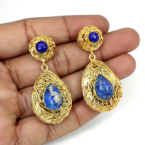 Lapis Lazuli Gemstone Brass Gold Plated Wire Wrap Earring