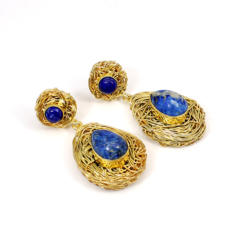 Lapis Lazuli Gemstone Brass Gold Plated Wire Wrap Earring