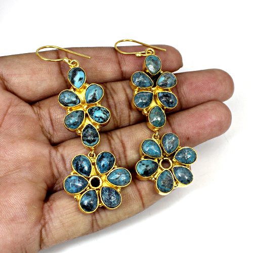 Latest Collection Natural Chrysocolla Gemstone Earring Vermeil Hanging Dangling Women Cluster Drop Earring Women Boho Earring