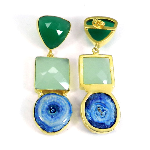 Multi Gemstone Handcrafted Gold Plated Bezel Set Long Stud Earring