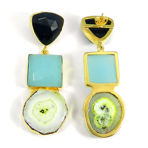 Multi Gemstone Handcrafted Gold Plated Bezel Set Long Stud Earring