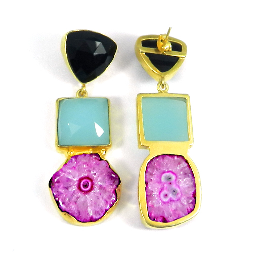 Multi Gemstone Handcrafted Gold Plated Bezel Set Long Stud Earring
