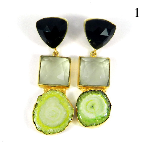 Multi Gemstone Handcrafted Gold Plated Bezel Set Long Stud Earring